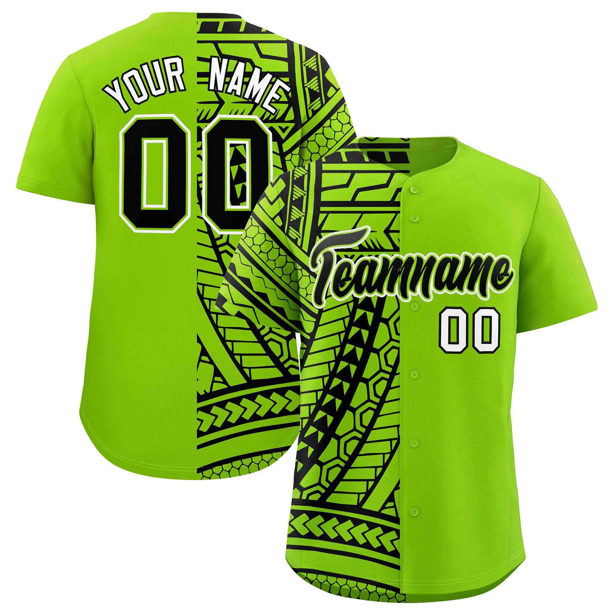 Custom Black Neon Green Split Fashion Tribal Pattern Authentic Baseball Jersey