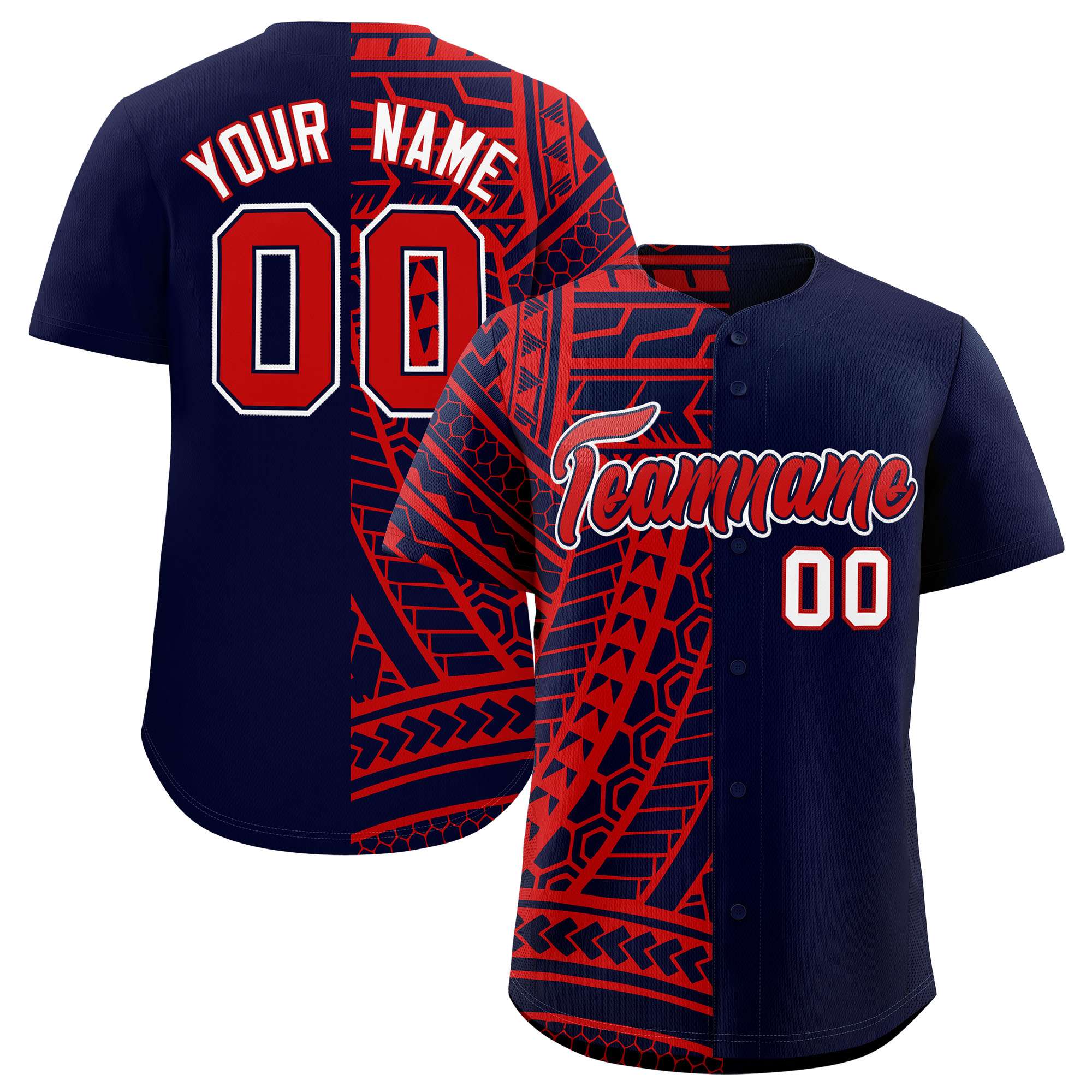 Custom Red Navy Split Fashion Tribal Pattern Authentic Baseball Jersey