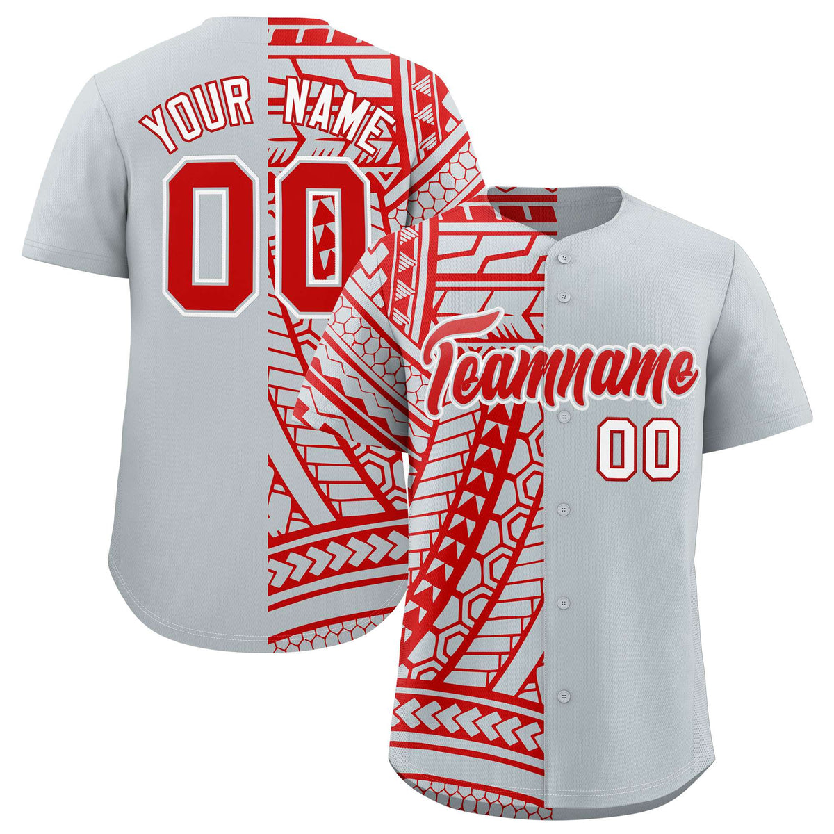 Custom Red Silver Split Fashion Tribal Pattern Authentic Baseball Jersey