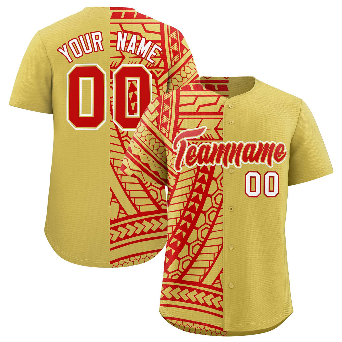 Custom Red Old Gold Split Fashion Tribal Pattern Authentic Baseball Jersey