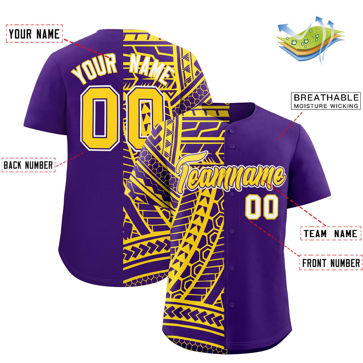 Custom Purple Gold Split Fashion Tribal Pattern Authentic Baseball Jersey