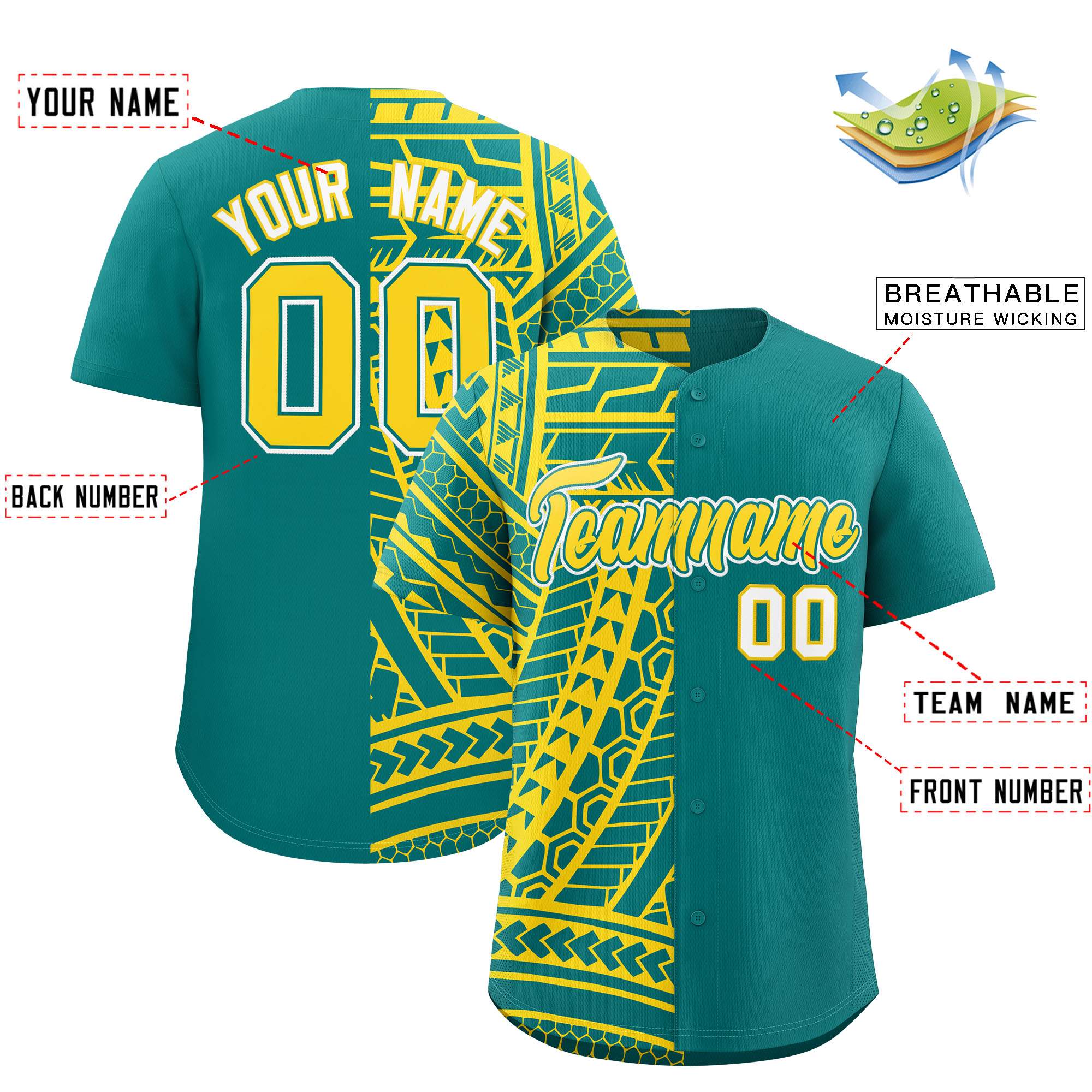 Custom Aqua Gold Split Fashion Tribal Pattern Authentic Baseball Jersey
