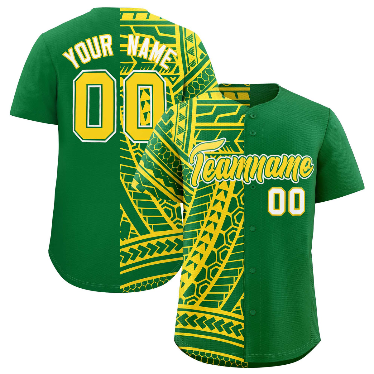 Custom Kelly Green Gold Split Fashion Tribal Pattern Authentic Baseball Jersey