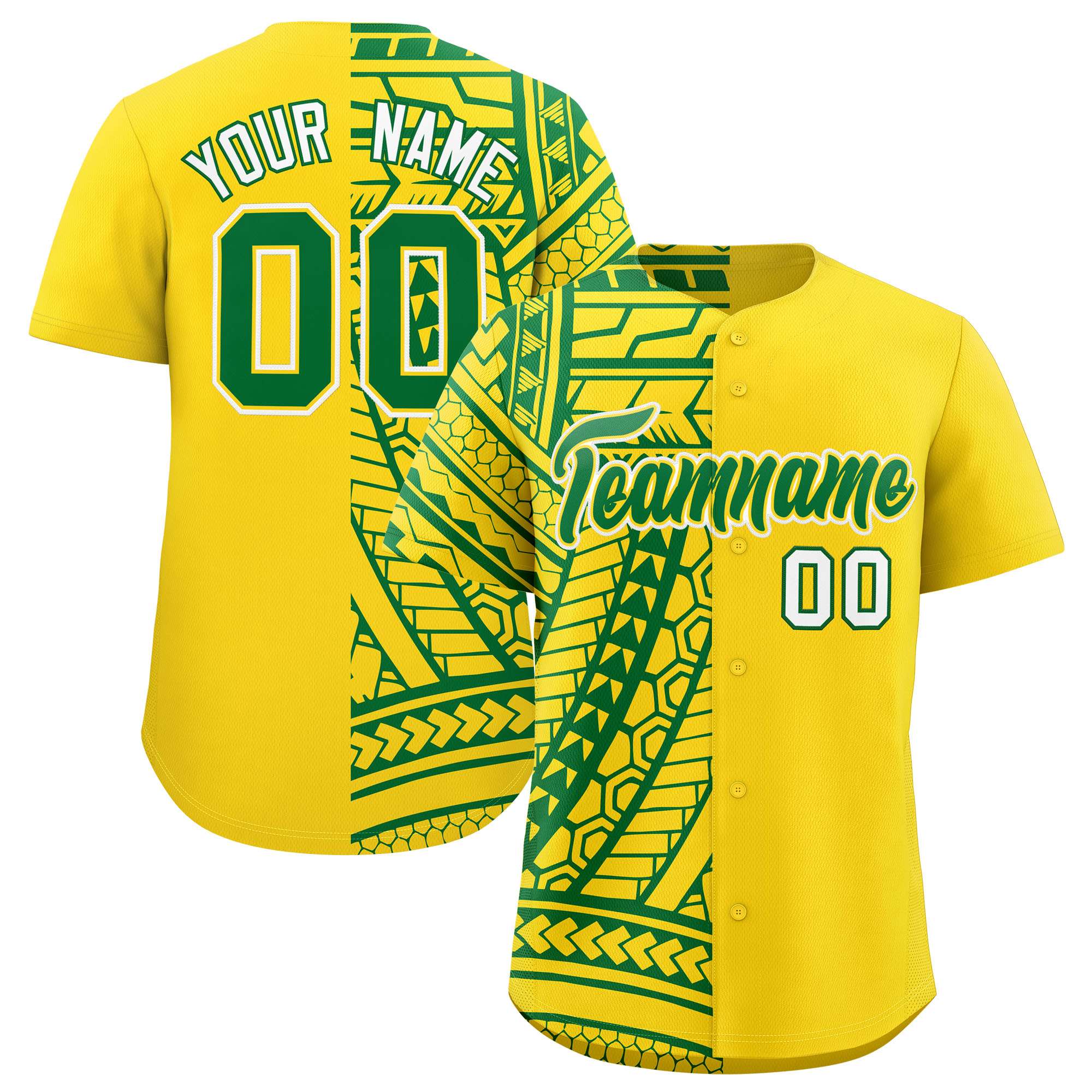Custom Gold Kelly Green Split Fashion Tribal Pattern Authentic Baseball Jersey