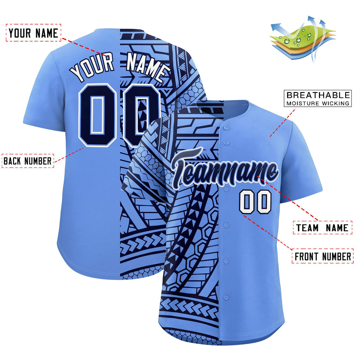Custom Light Blue Navy Split Fashion Tribal Pattern Authentic Baseball Jersey