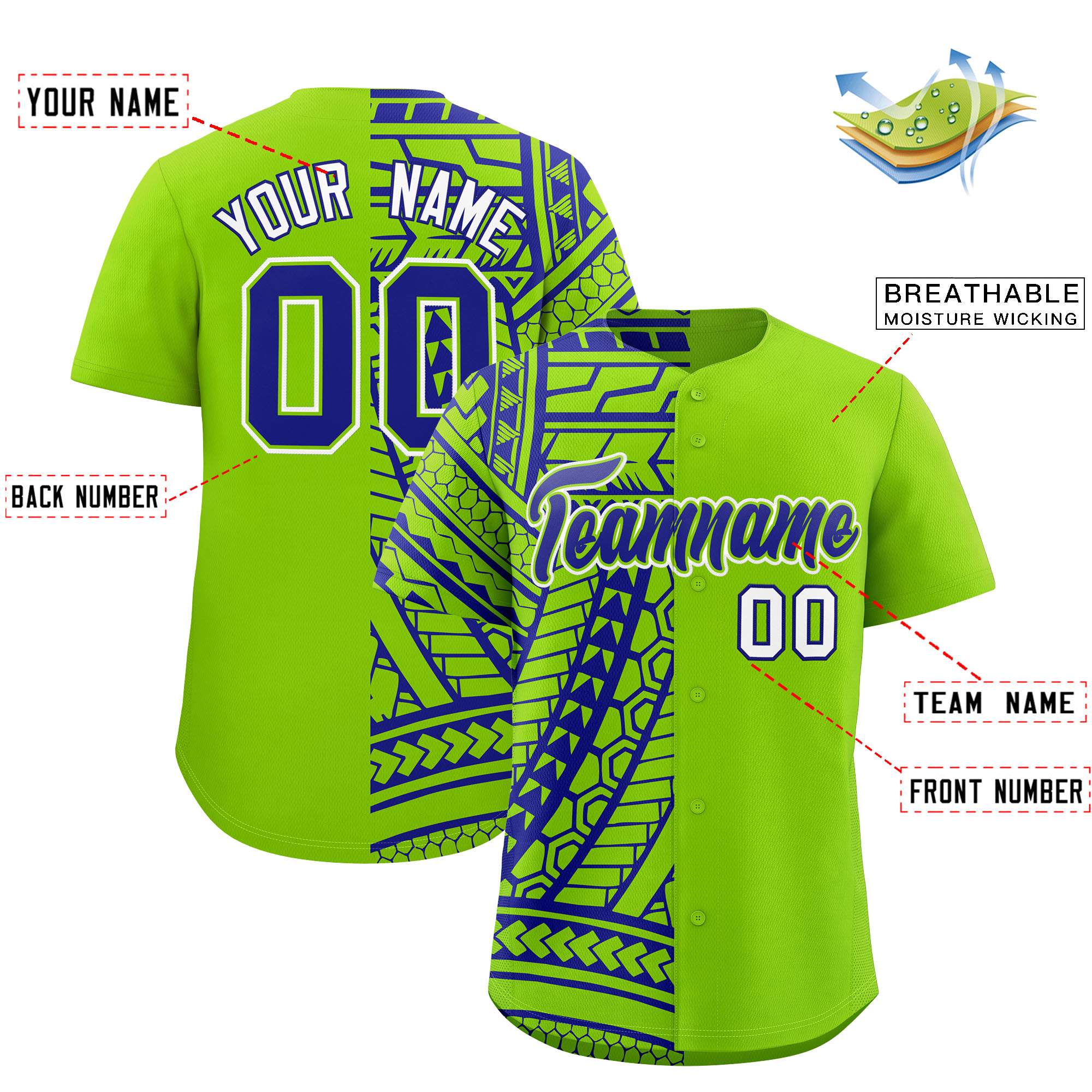 Custom Neon Green Royal Split Fashion Tribal Pattern Authentic Baseball Jersey