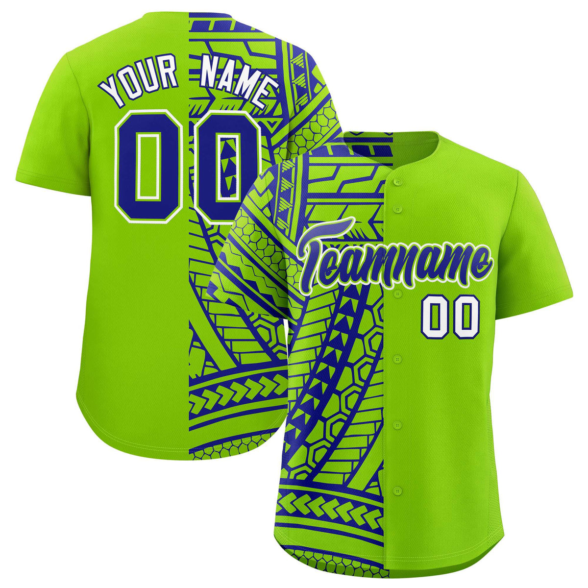 Custom Neon Green Royal Split Fashion Tribal Pattern Authentic Baseball Jersey