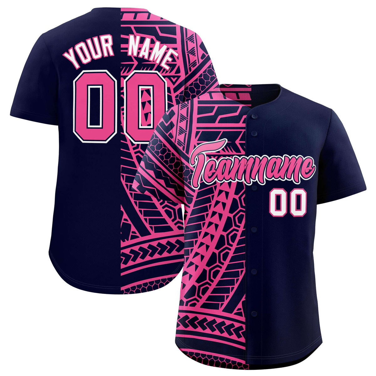 Custom Navy Pink Split Fashion Tribal Pattern Authentic Baseball Jersey