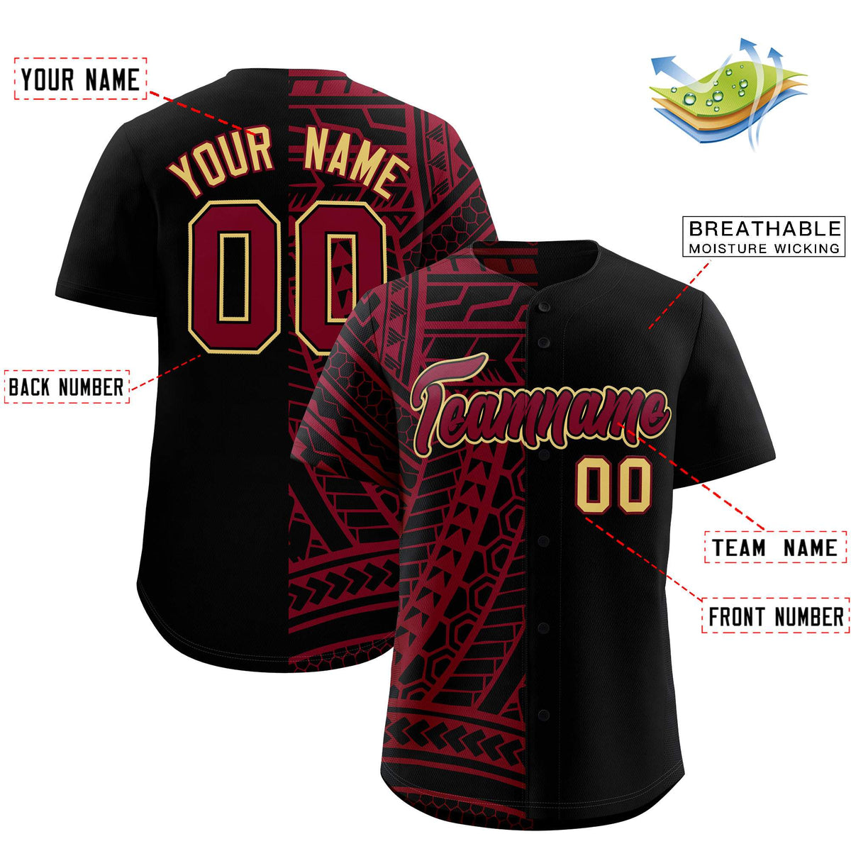 Custom Black Crimson Split Fashion Tribal Pattern Authentic Baseball Jersey