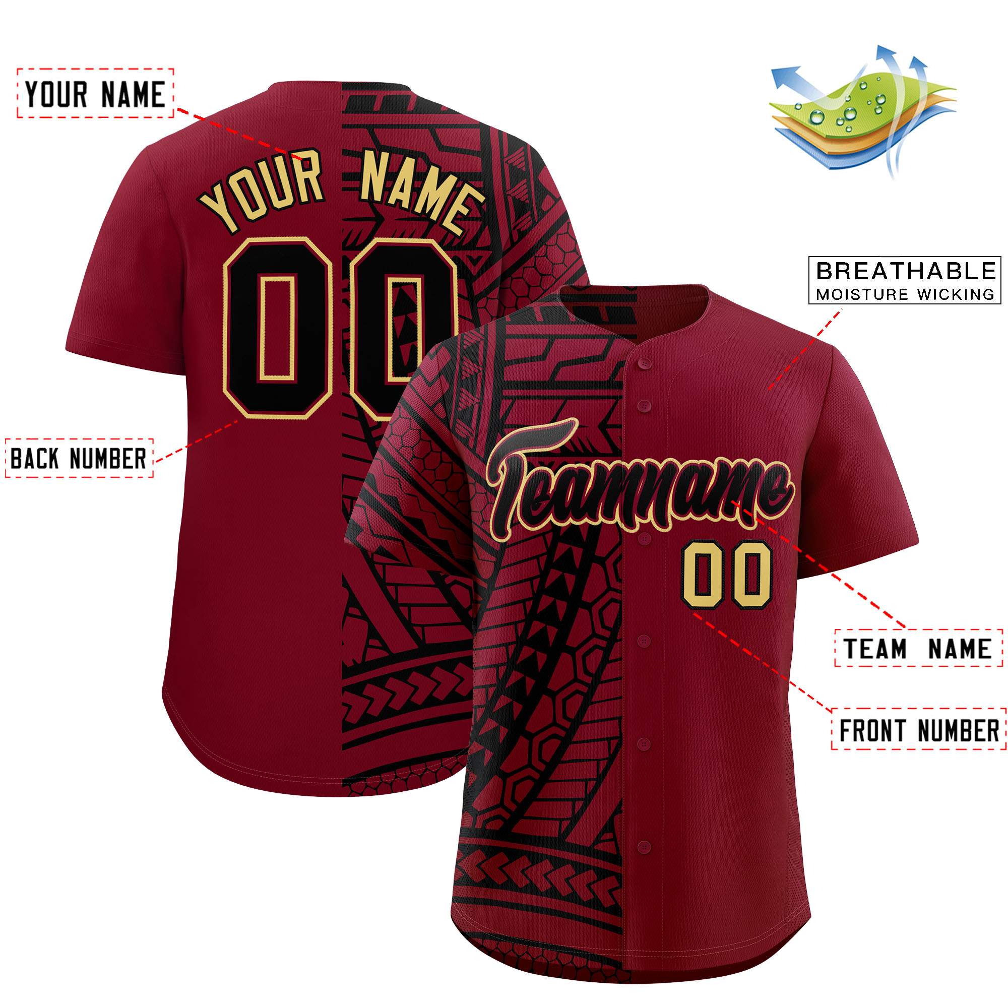 Custom Crimson Black Split Fashion Tribal Pattern Authentic Baseball Jersey