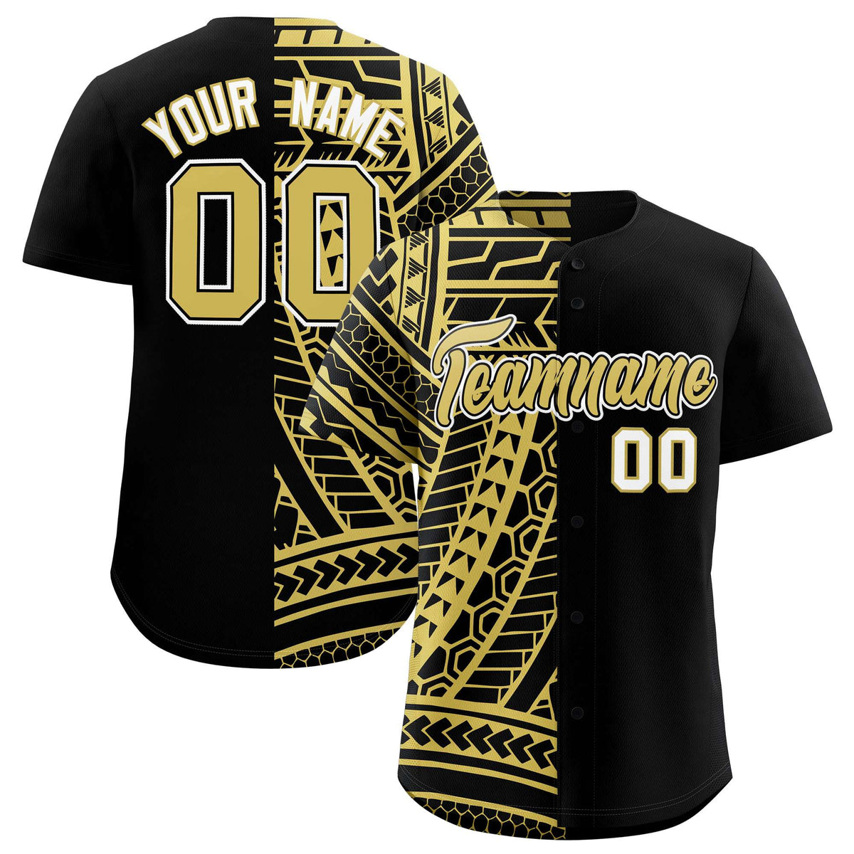 Custom Black Old Gold Split Fashion Tribal Pattern Authentic Baseball Jersey