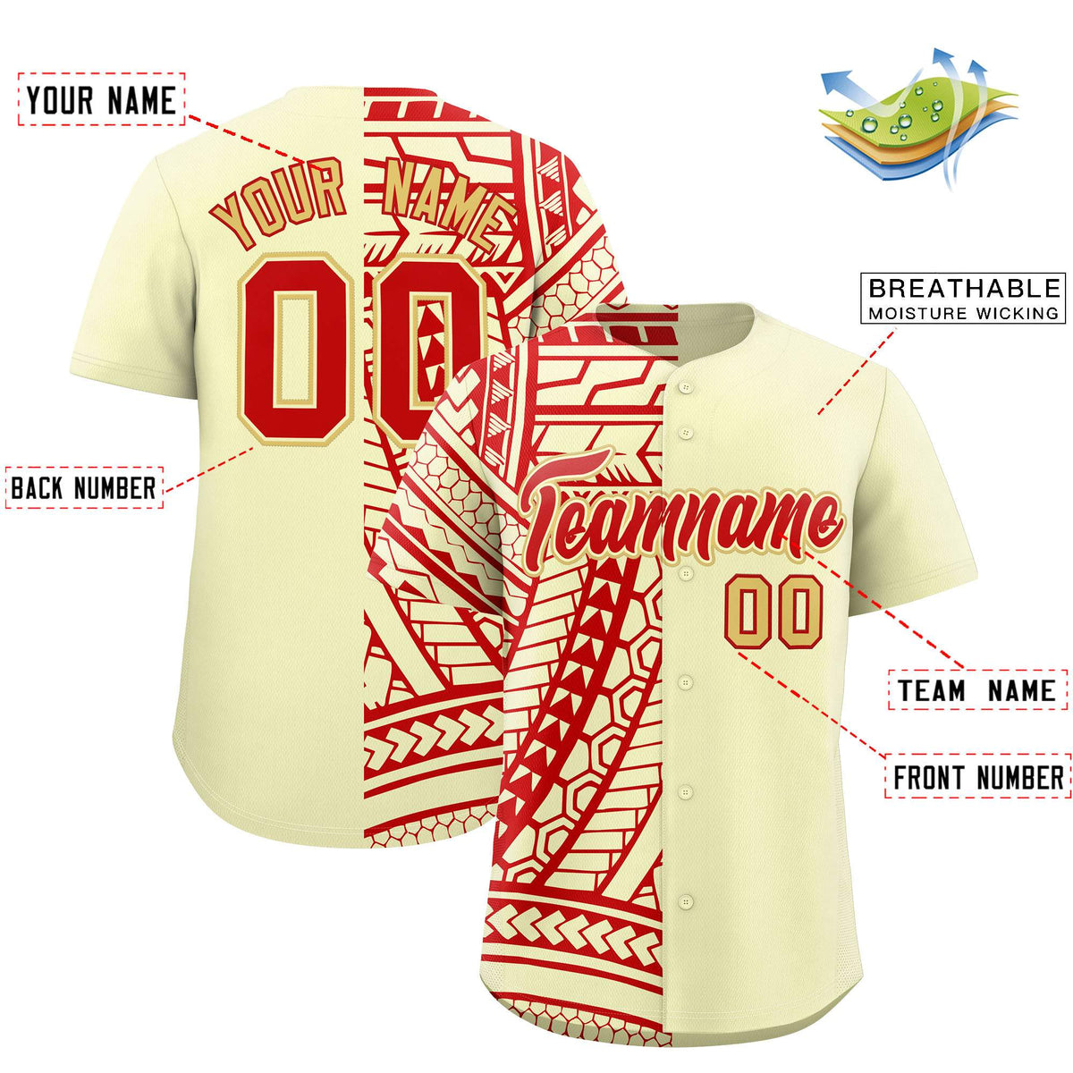 Custom Cream Red Split Fashion Tribal Pattern Authentic Baseball Jersey