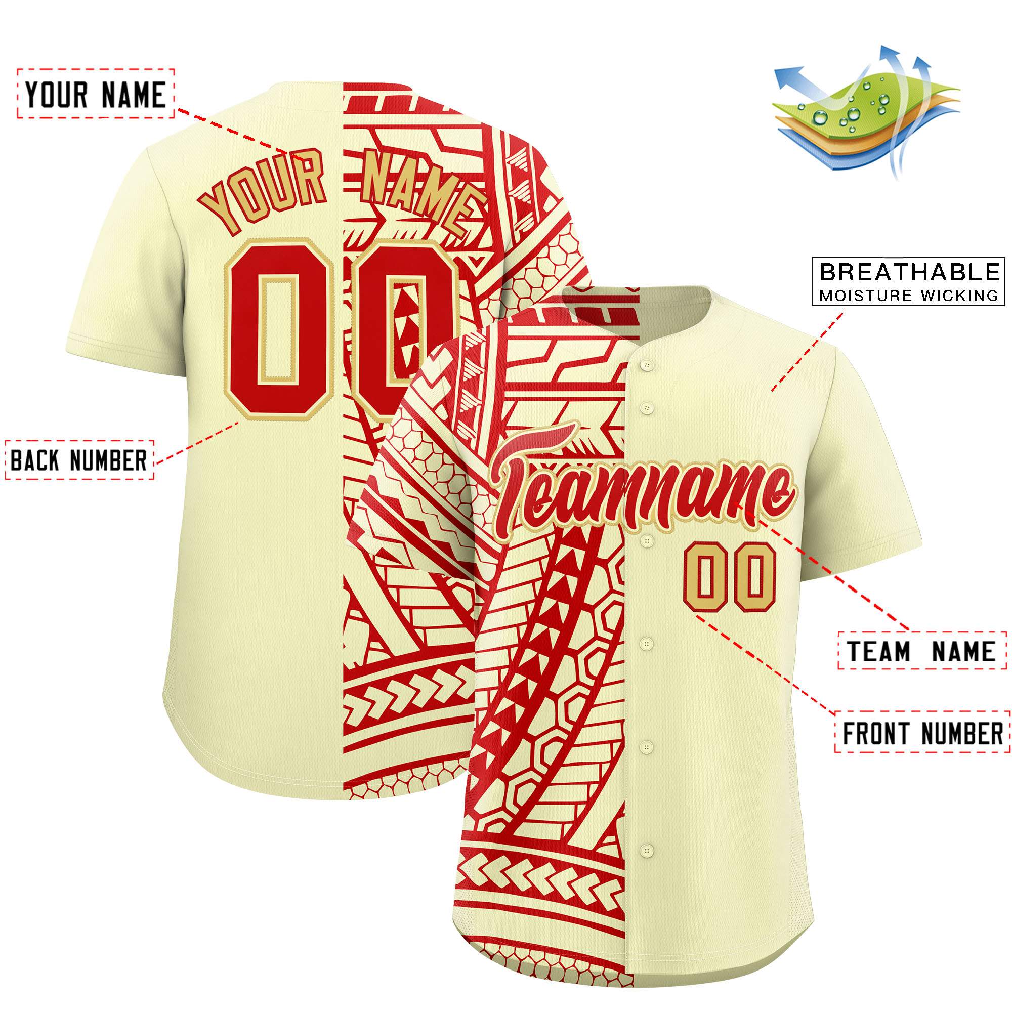 Custom Cream Red Split Fashion Tribal Pattern Authentic Baseball Jersey