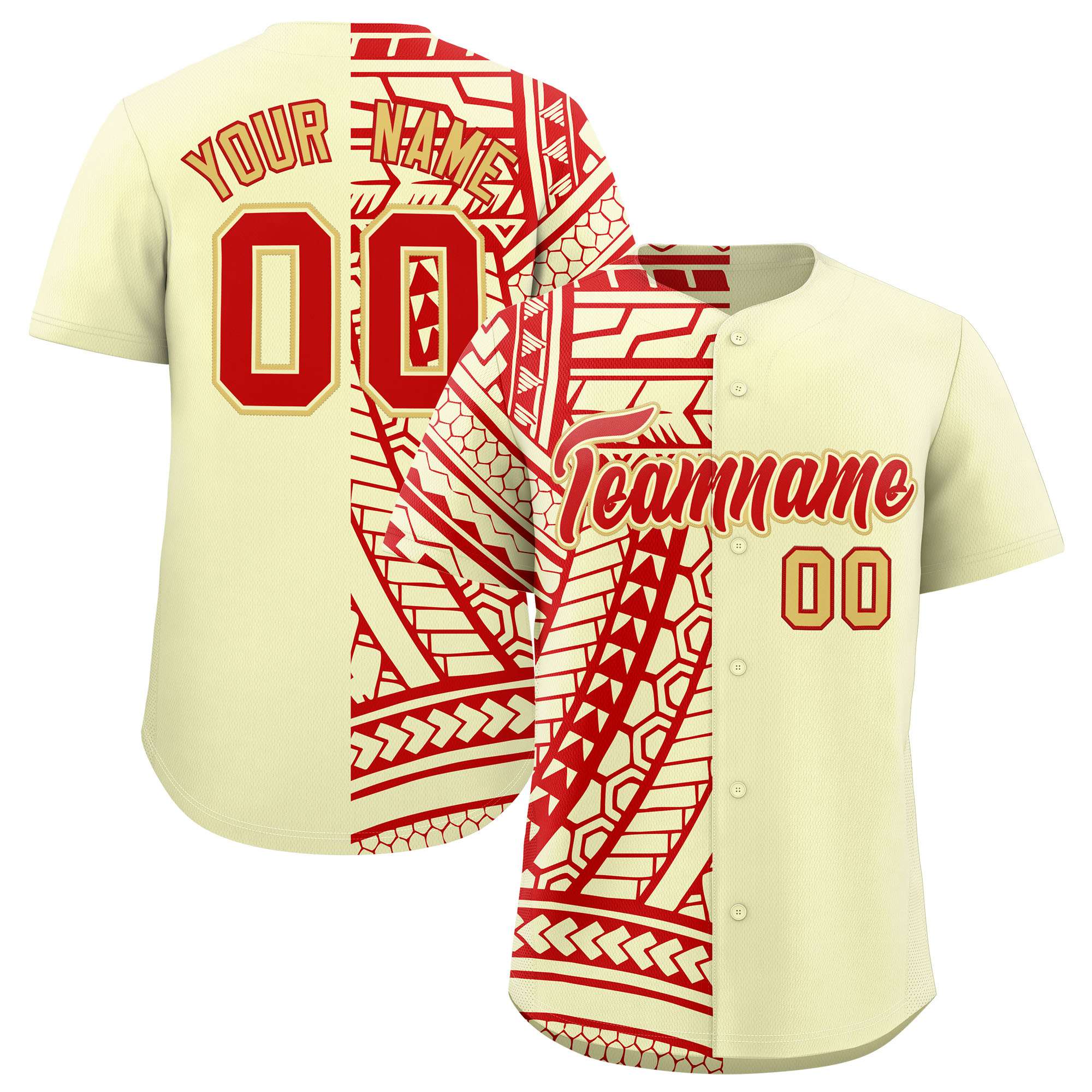 Custom Cream Red Split Fashion Tribal Pattern Authentic Baseball Jersey