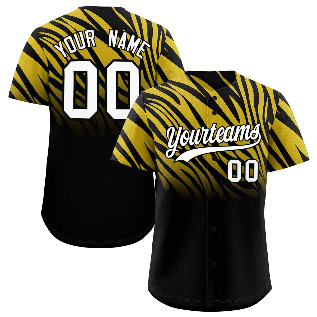 Custom Old Gold Black Tiger Stripe Gradient Animal Print Personalized Team Shirt Baseball Jersey