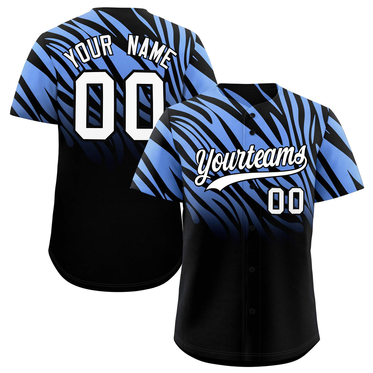 Custom Light Blue Black Tiger Stripe Gradient Animal Print Personalized Team Shirt Baseball Jersey