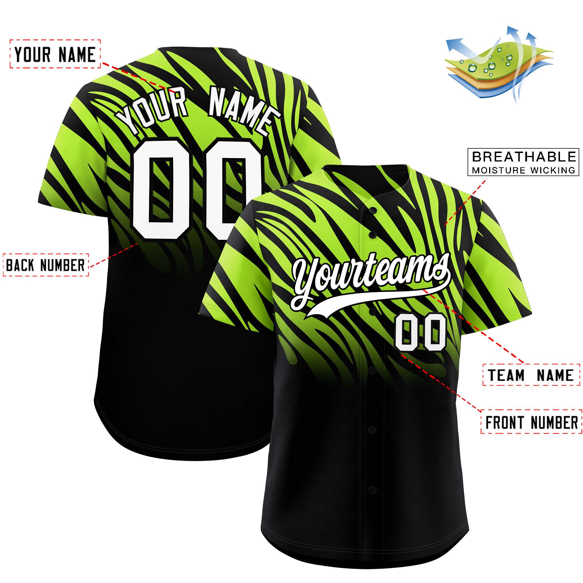Custom Neon Green Black Tiger Stripe Gradient Animal Print Personalized Team Shirt Baseball Jersey