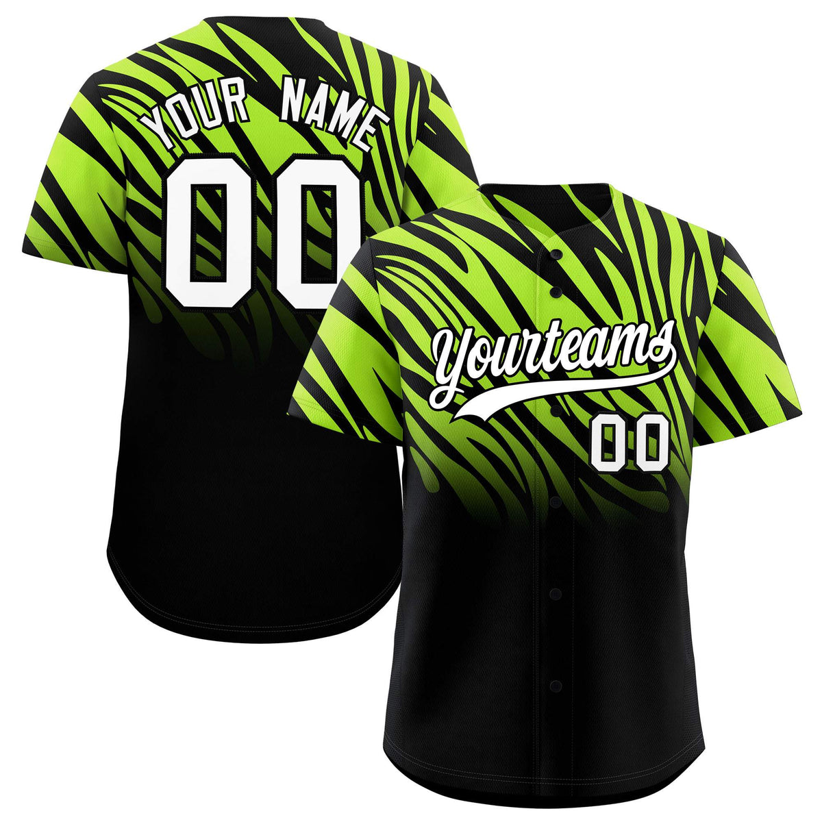 Custom Neon Green Black Tiger Stripe Gradient Animal Print Personalized Team Shirt Baseball Jersey