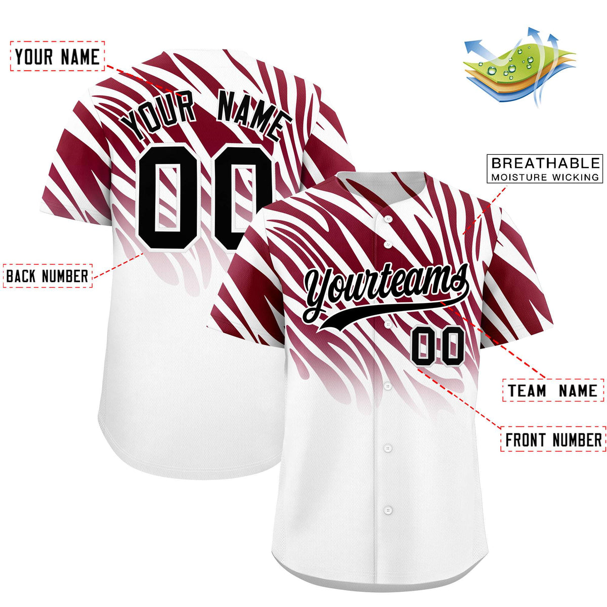 Custom Crimson White Tiger Stripe Gradient Animal Print Personalized Team Shirt Baseball Jersey