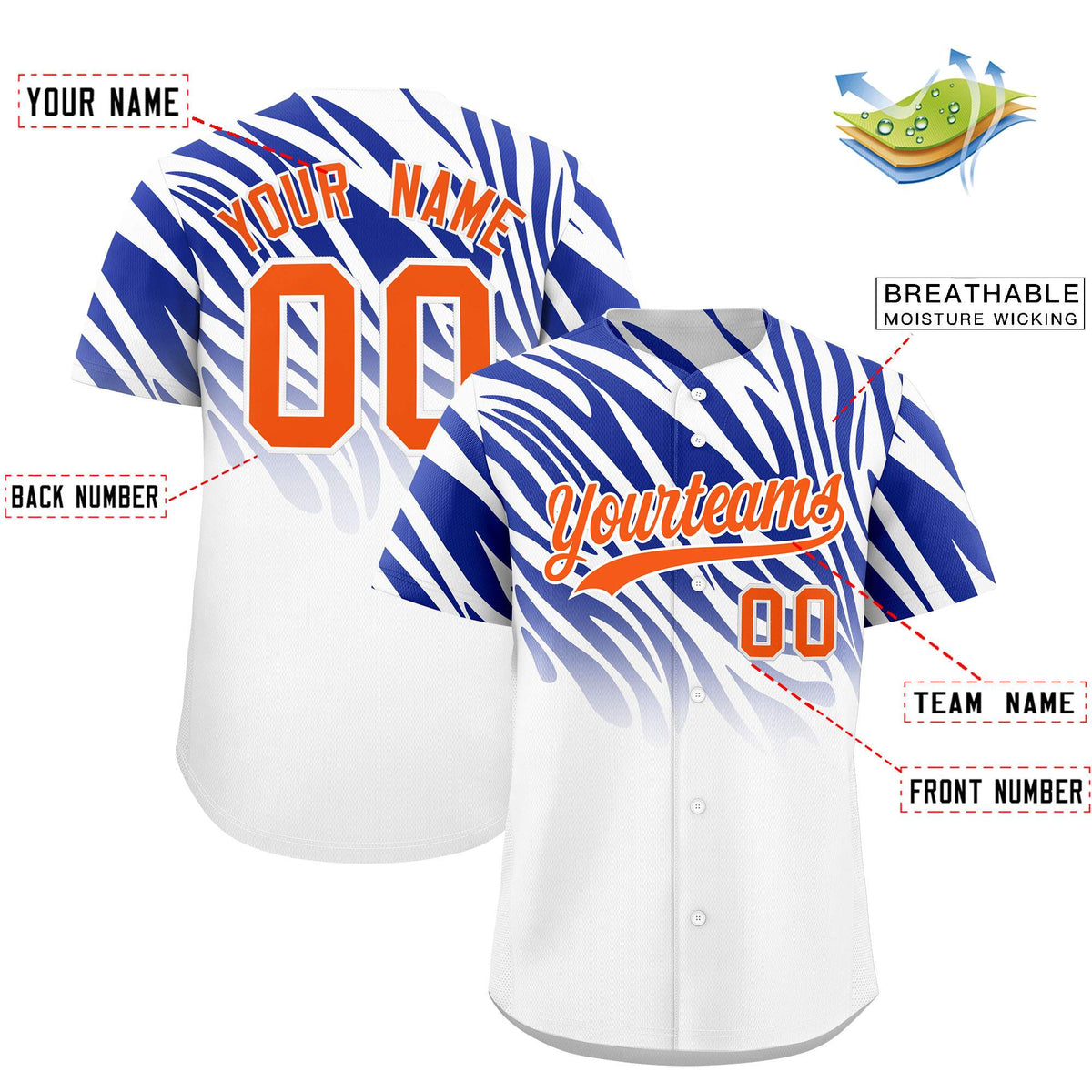 Custom Royal White Tiger Stripe Gradient Animal Print Personalized Team Shirt Baseball Jersey
