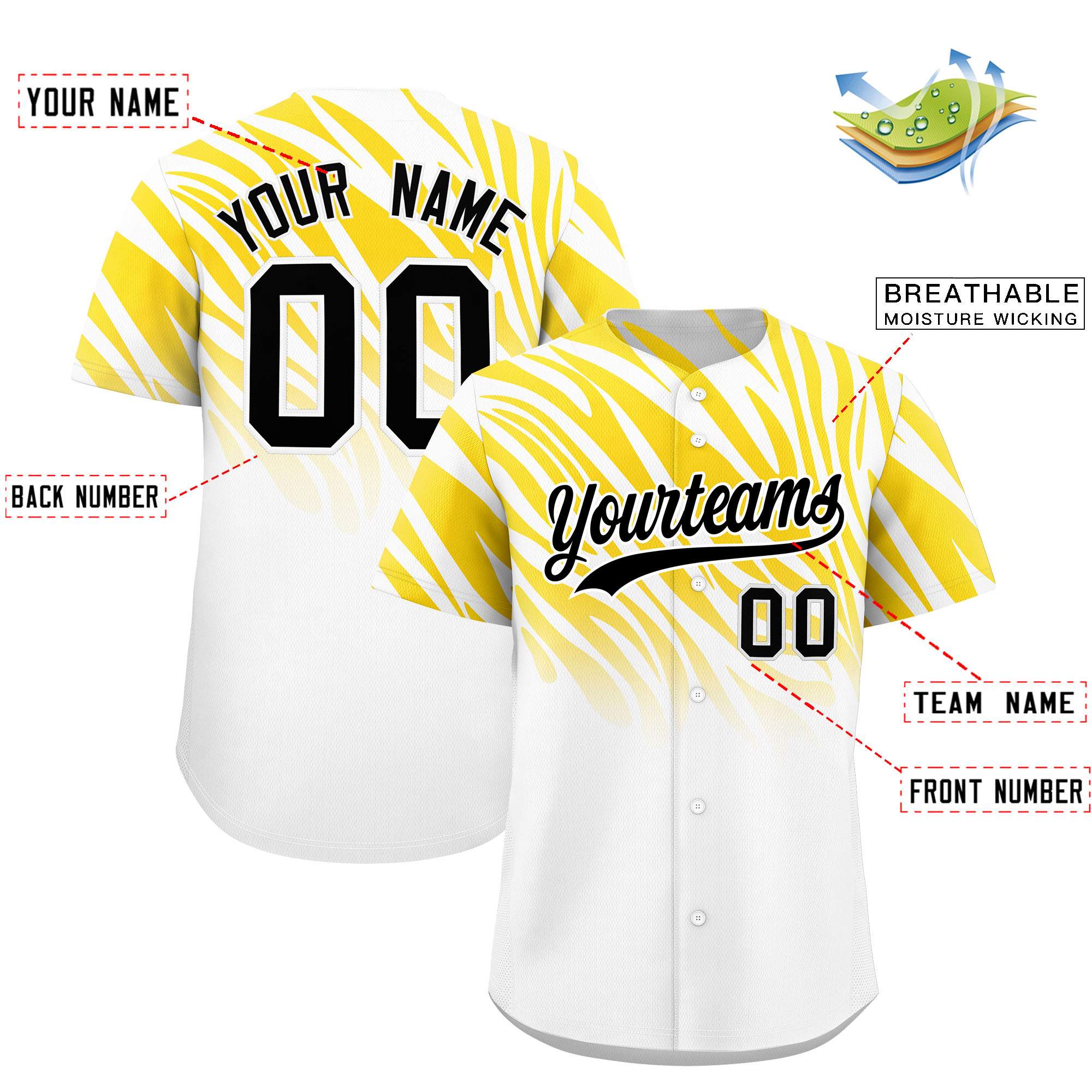 Custom Gold White Tiger Stripe Gradient Animal Print Personalized Team Shirt Baseball Jersey