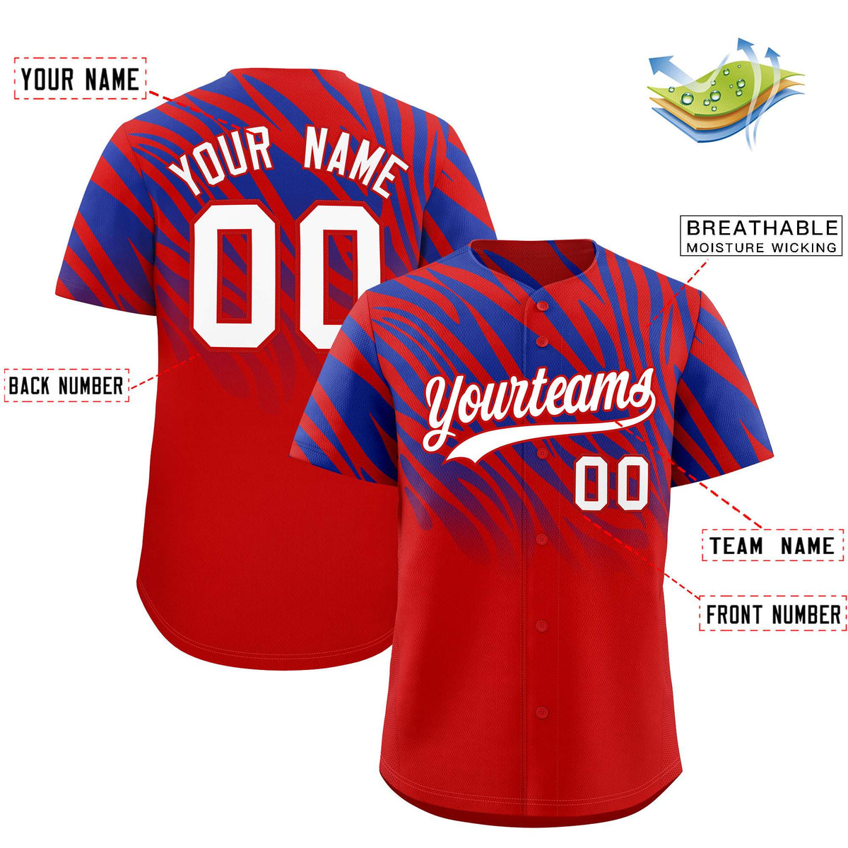 Custom Royal Red Tiger Stripe Gradient Animal Print Personalized Team Shirt Baseball Jersey