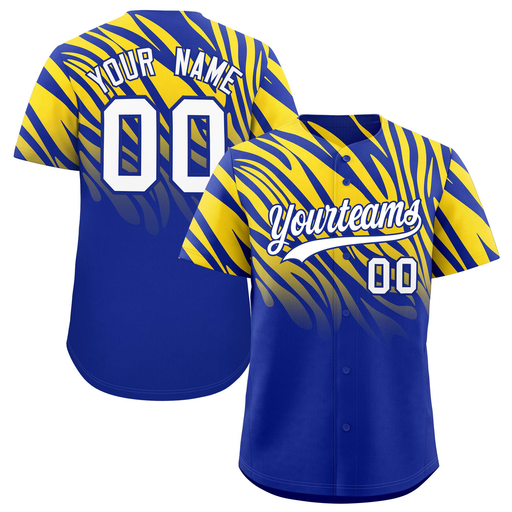 Custom Royal Gold Tiger Stripe Gradient Animal Print Personalized Team Shirt Baseball Jersey