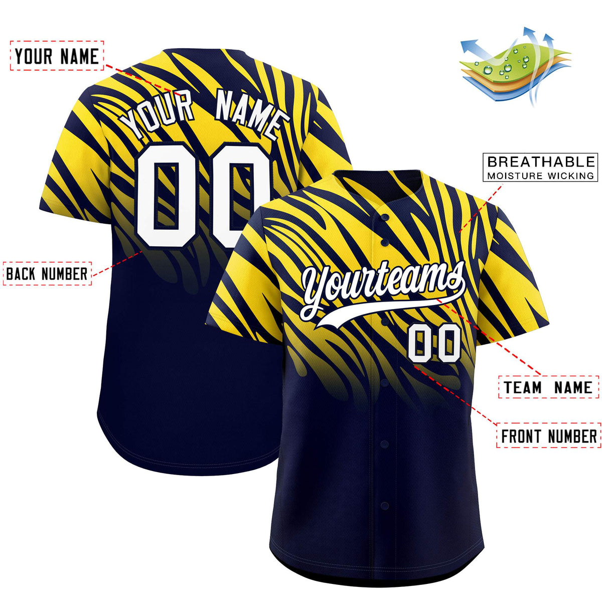 Custom Navy Gold Tiger Stripe Gradient Animal Print Personalized Team Shirt Baseball Jersey