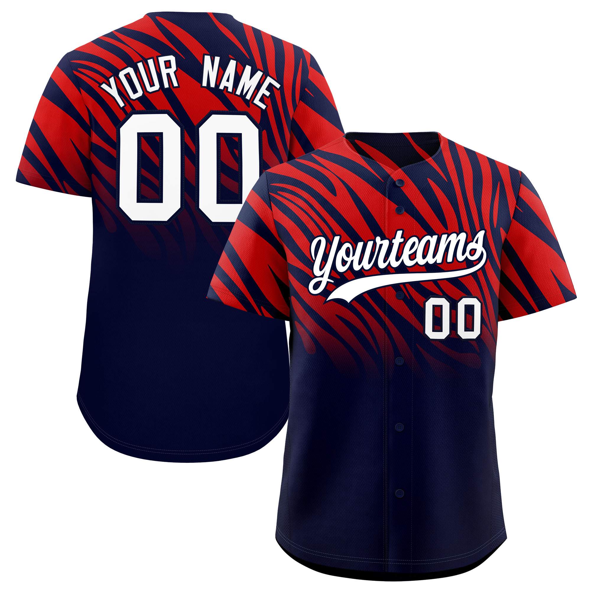 Custom Red Navy Tiger Stripe Gradient Animal Print Personalized Team Shirt Baseball Jersey
