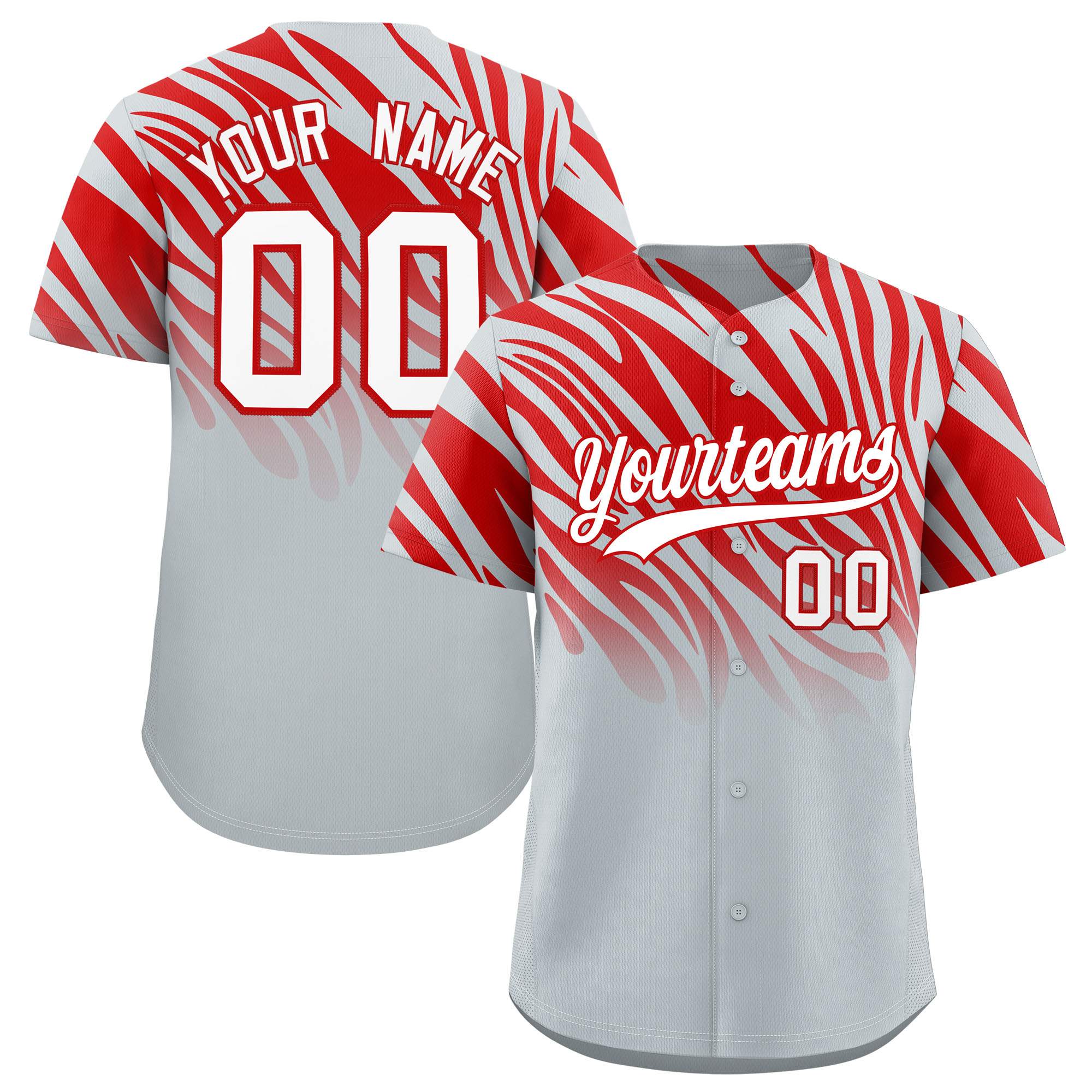 Custom Red Silver Tiger Stripe Gradient Animal Print Personalized Team Shirt Baseball Jersey