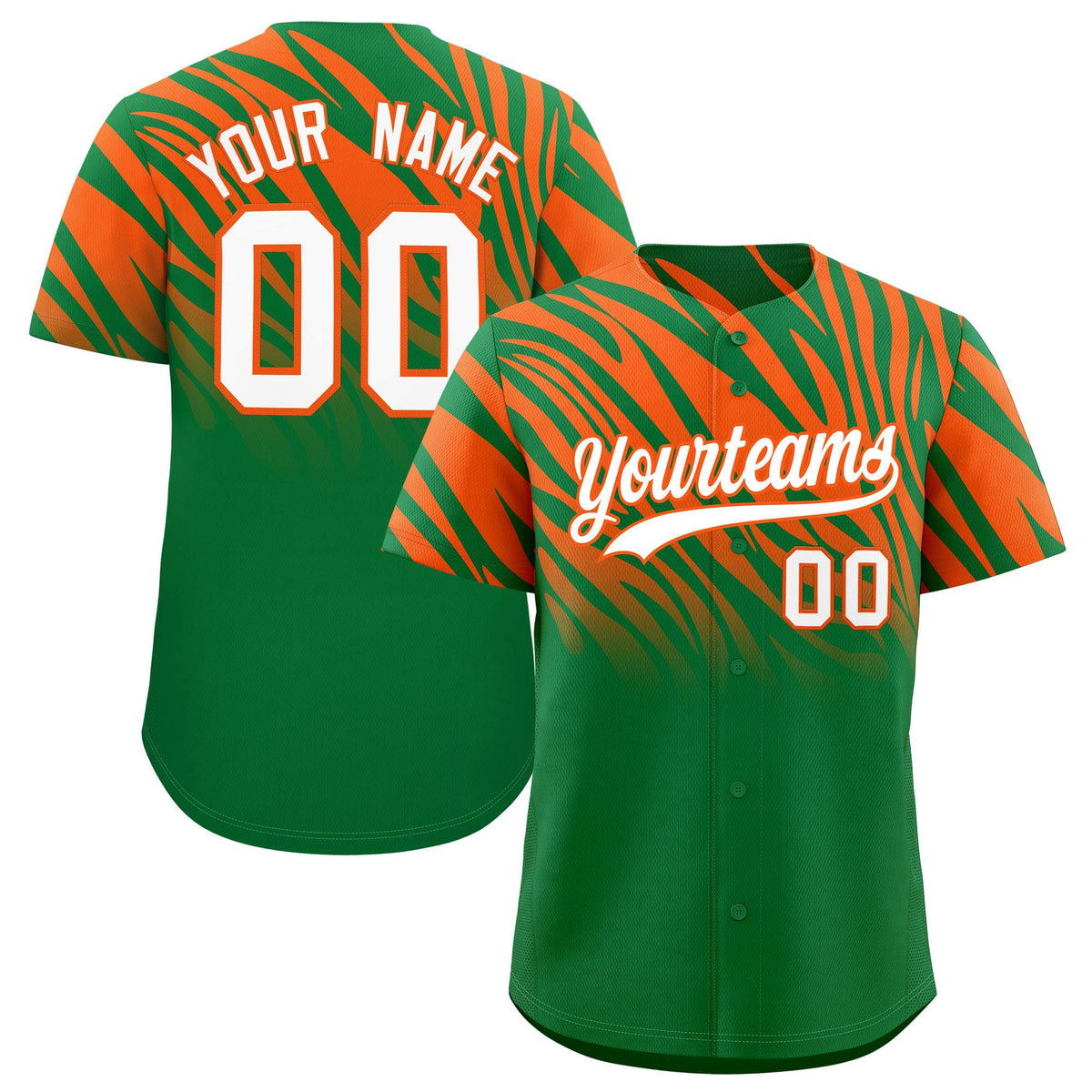 Custom Kelly Green Orange Tiger Stripe Gradient Animal Print Personalized Team Shirt Baseball Jersey