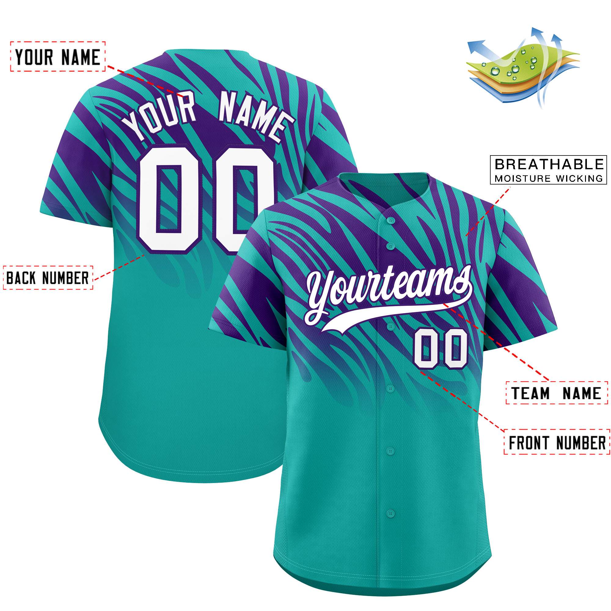 Custom Aqua Purple Tiger Stripe Gradient Animal Print Personalized Team Shirt Baseball Jersey