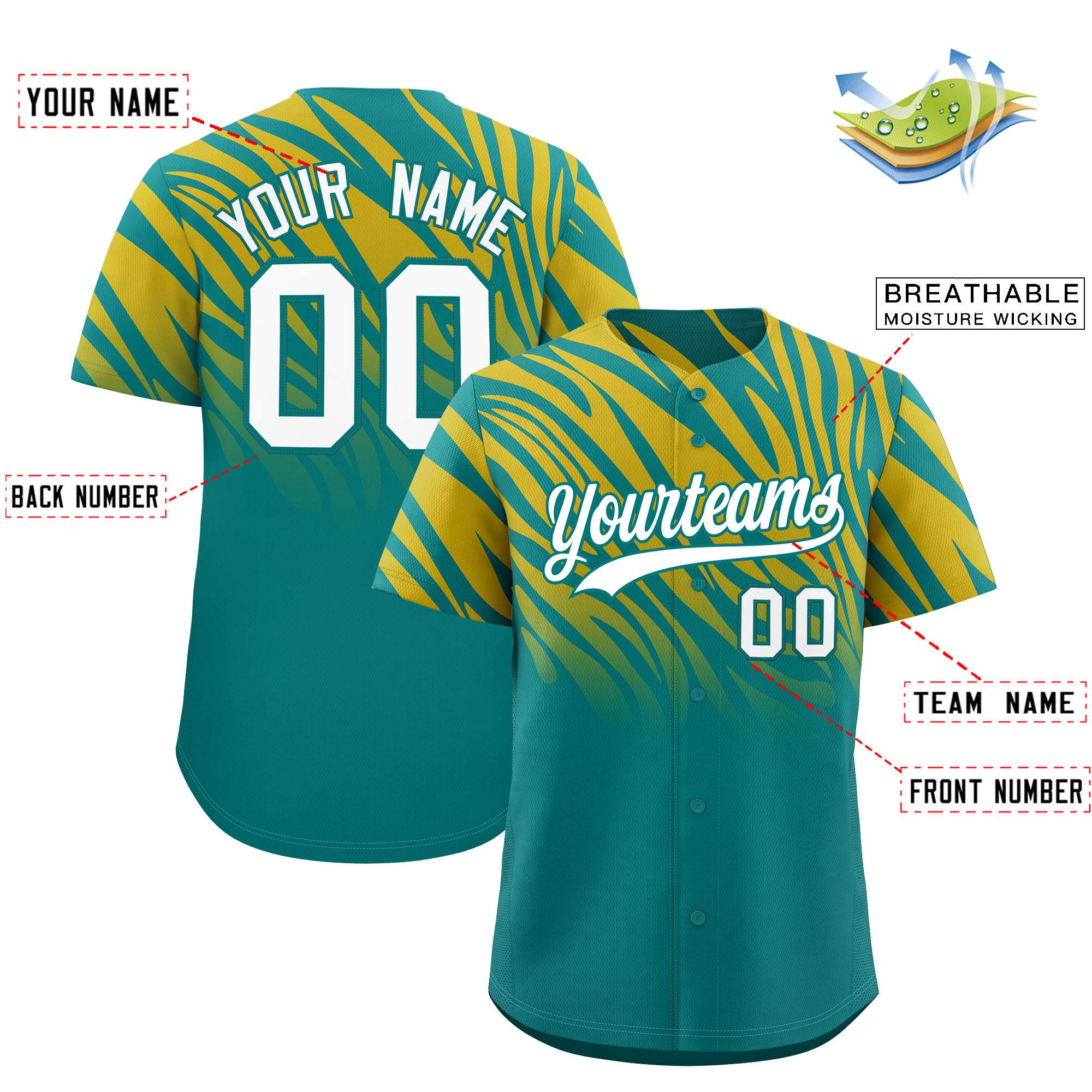 Custom Aqua Old Gold Tiger Stripe Gradient Animal Print Personalized Team Shirt Baseball Jersey