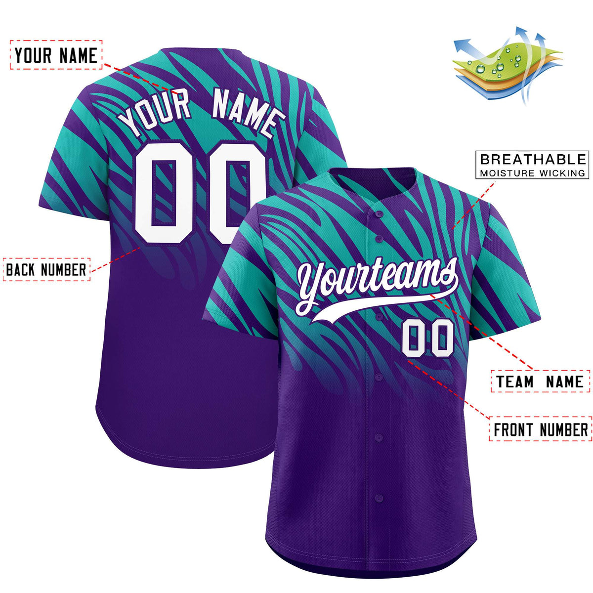 Custom Purple Aqua Tiger Stripe Gradient Animal Print Personalized Team Shirt Baseball Jersey