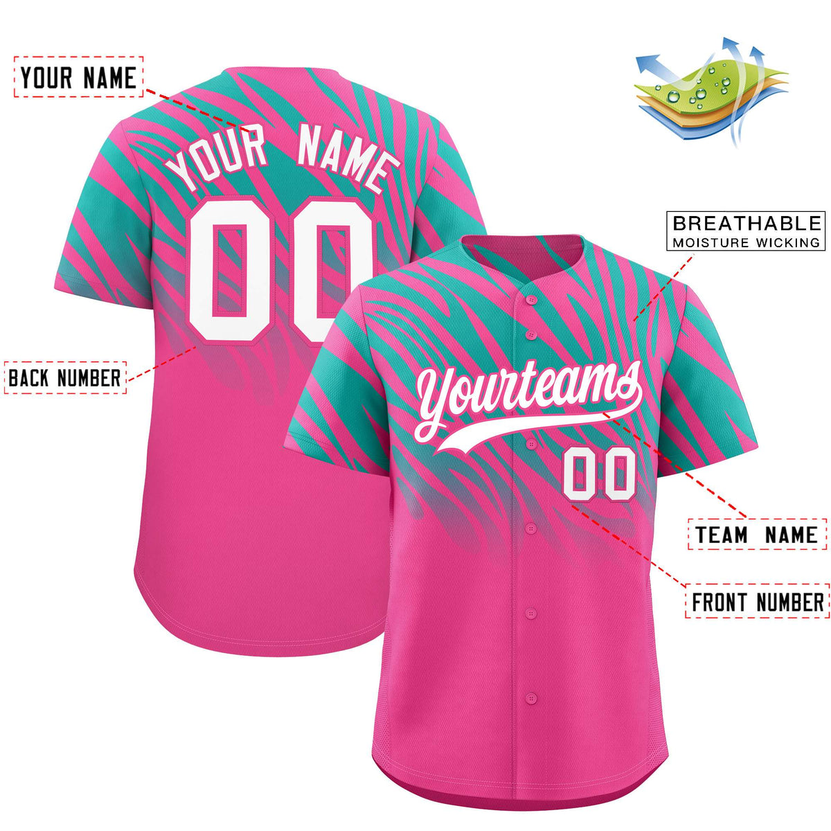 Custom Pink Aqua Tiger Stripe Gradient Animal Print Personalized Team Shirt Baseball Jersey
