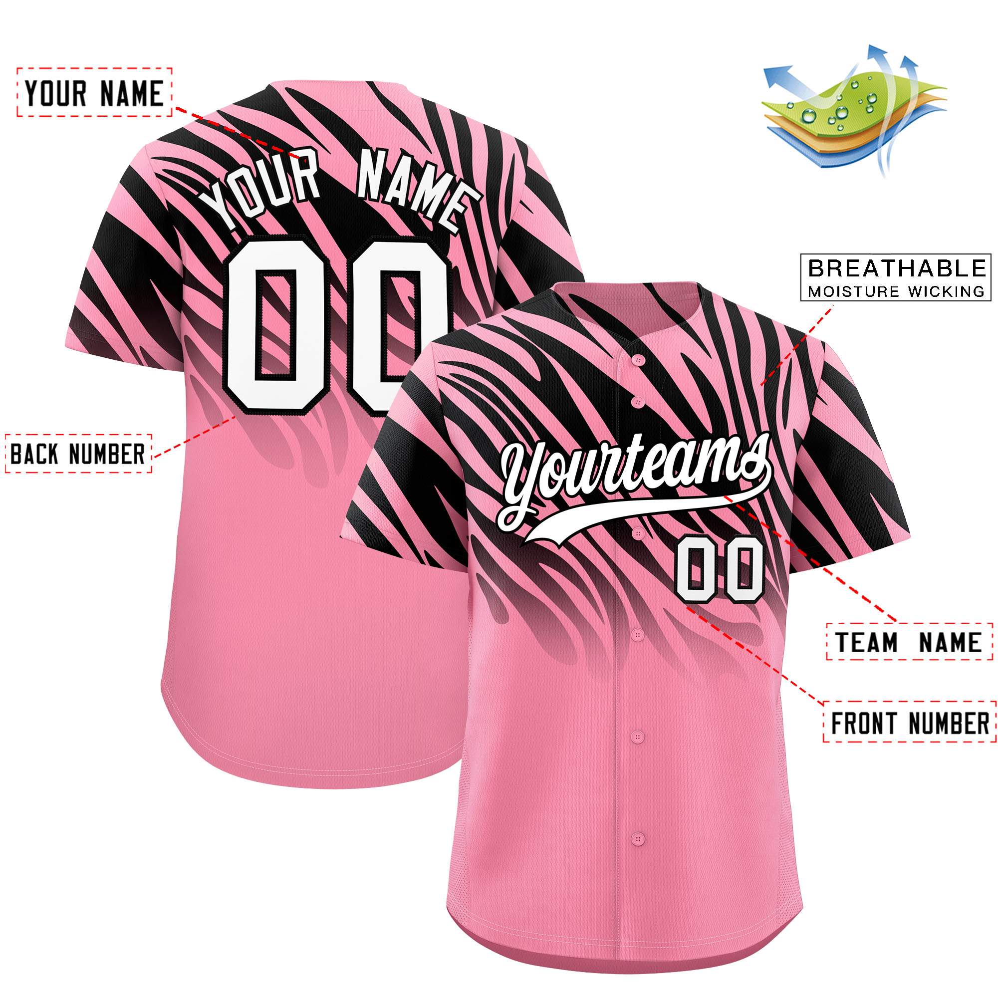 Custom Light Pink Black Tiger Stripe Gradient Animal Print Personalized Team Shirt Baseball Jersey