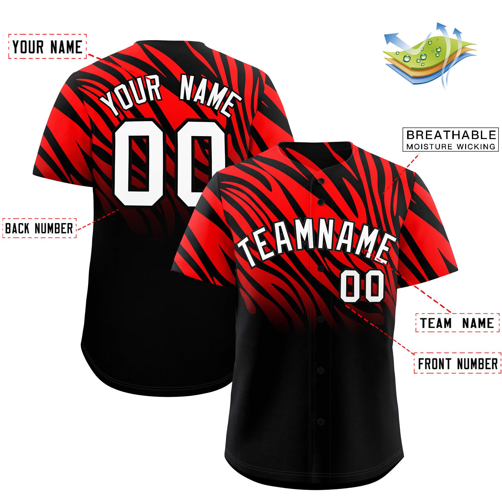 Custom Red Black Tiger Stripe Gradient Animal Print Personalized Team Shirt Baseball Jersey