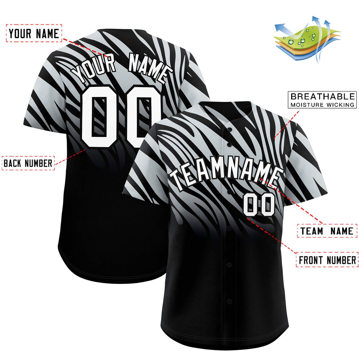 Custom Silver Black Tiger Stripe Gradient Animal Print Personalized Team Shirt Baseball Jersey