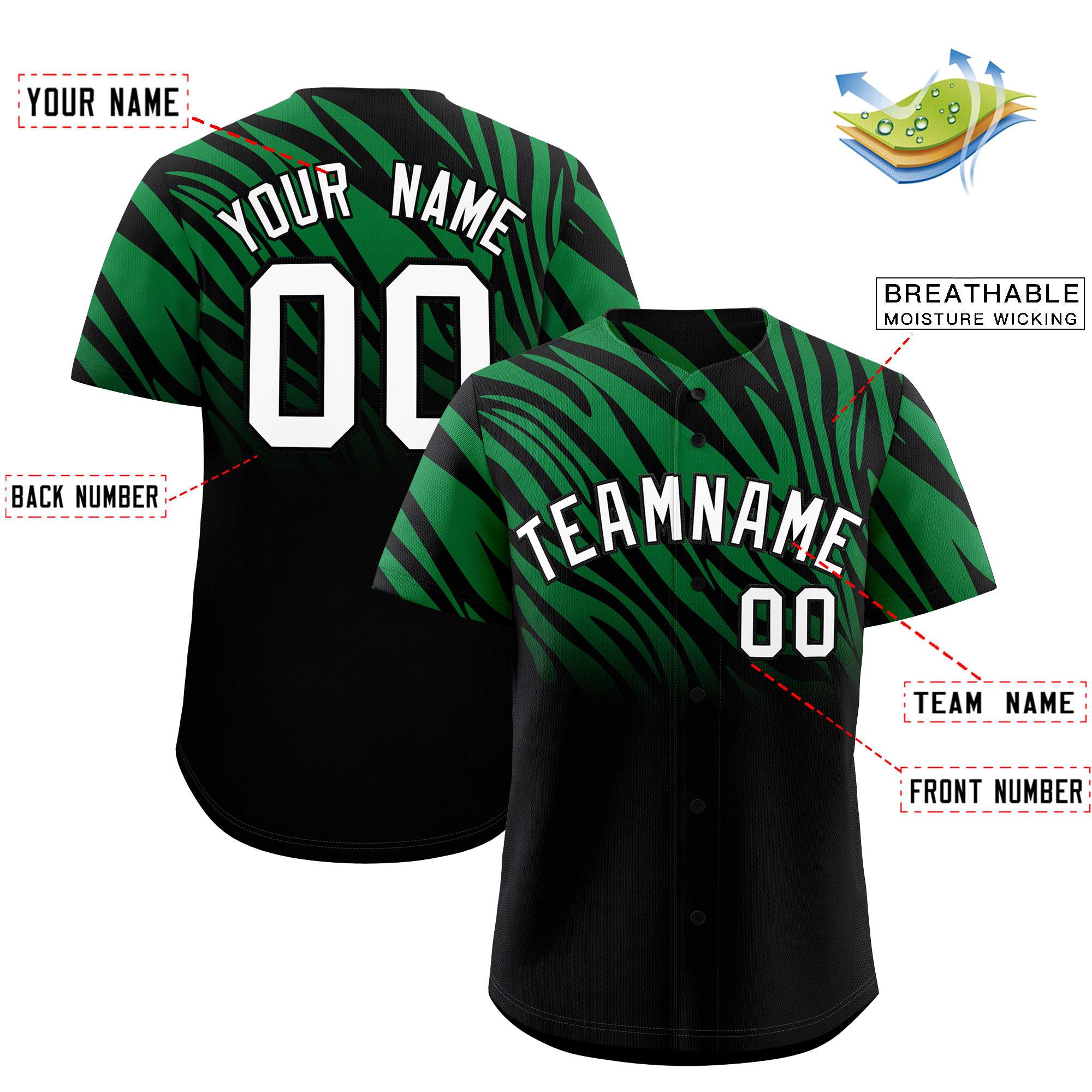 Custom Kelly Green Black Tiger Stripe Gradient Animal Print Personalized Team Shirt Baseball Jersey