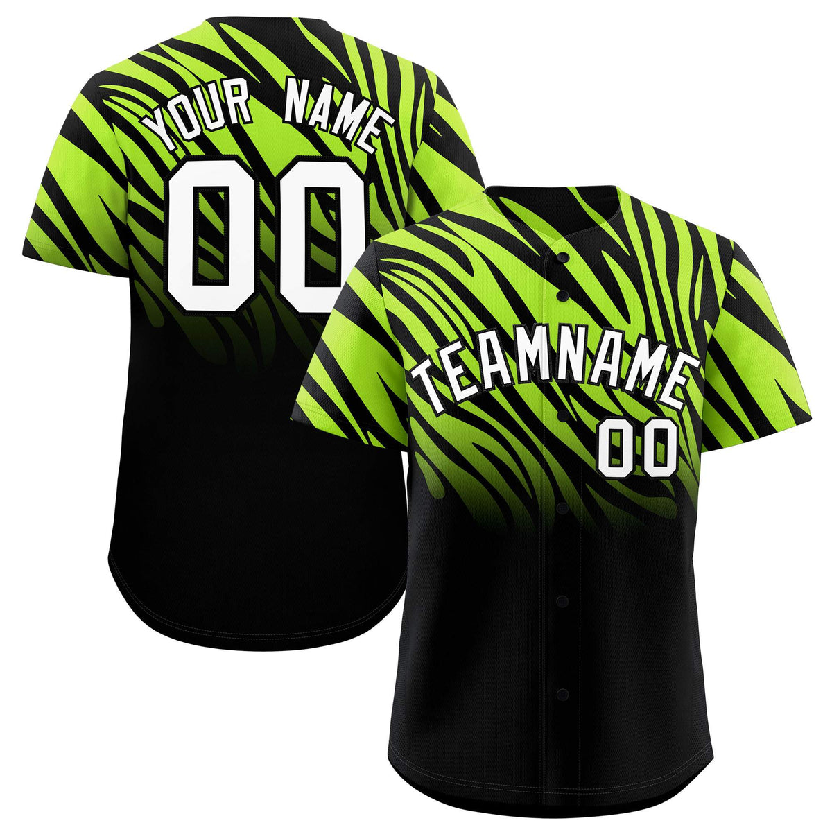 Custom Neon Green Black Tiger Stripe Gradient Animal Print Personalized Team Shirt Baseball Jersey
