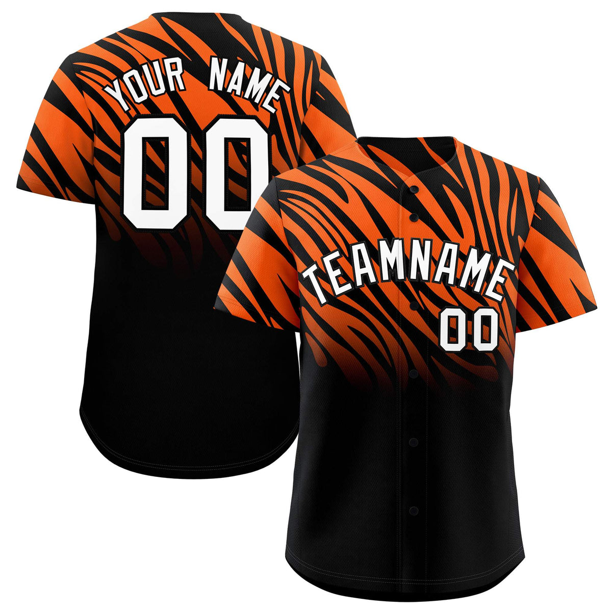 Custom Orange Black Tiger Stripe Gradient Animal Print Personalized Team Shirt Baseball Jersey