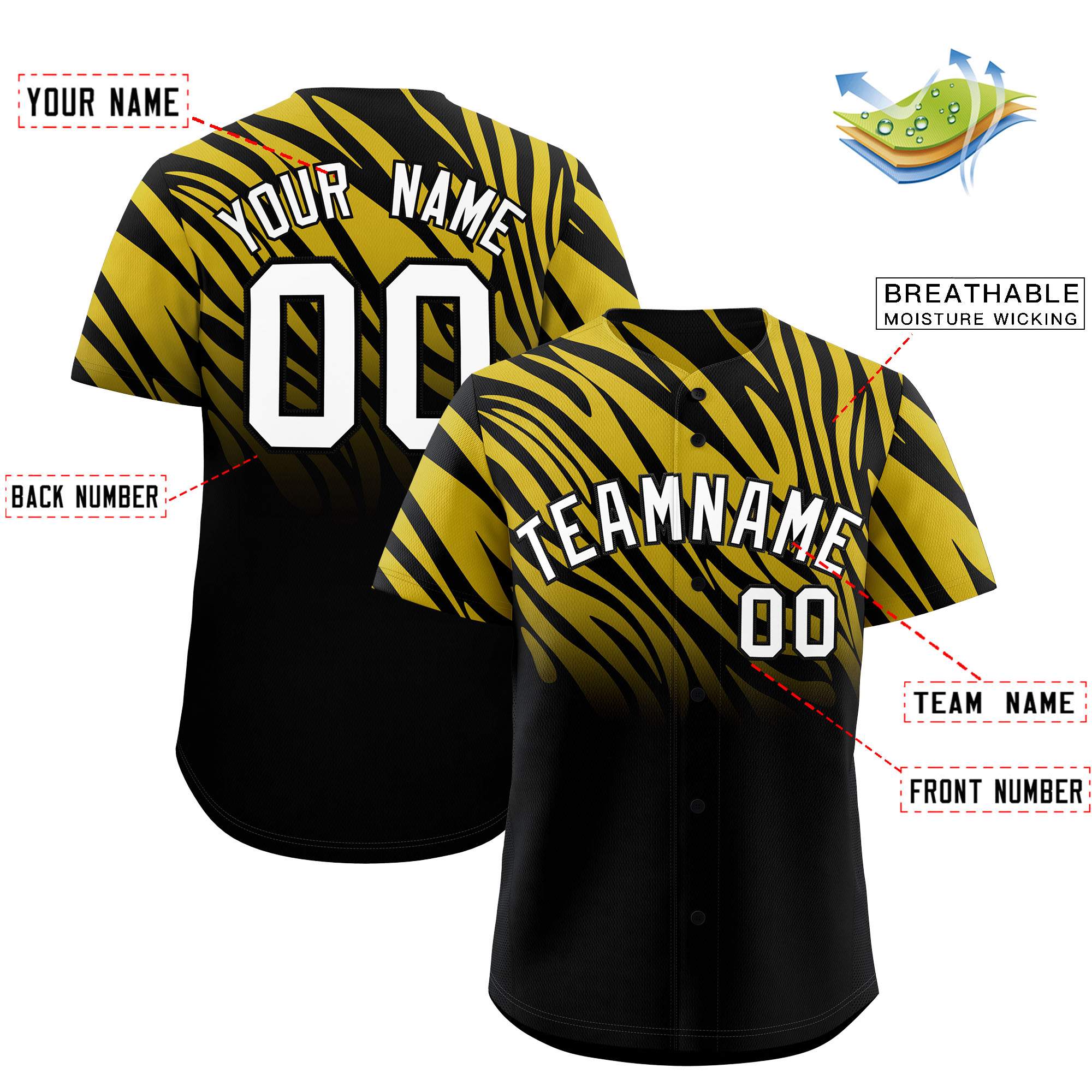 Custom Old Gold Black Tiger Stripe Gradient Animal Print Personalized Team Shirt Baseball Jersey