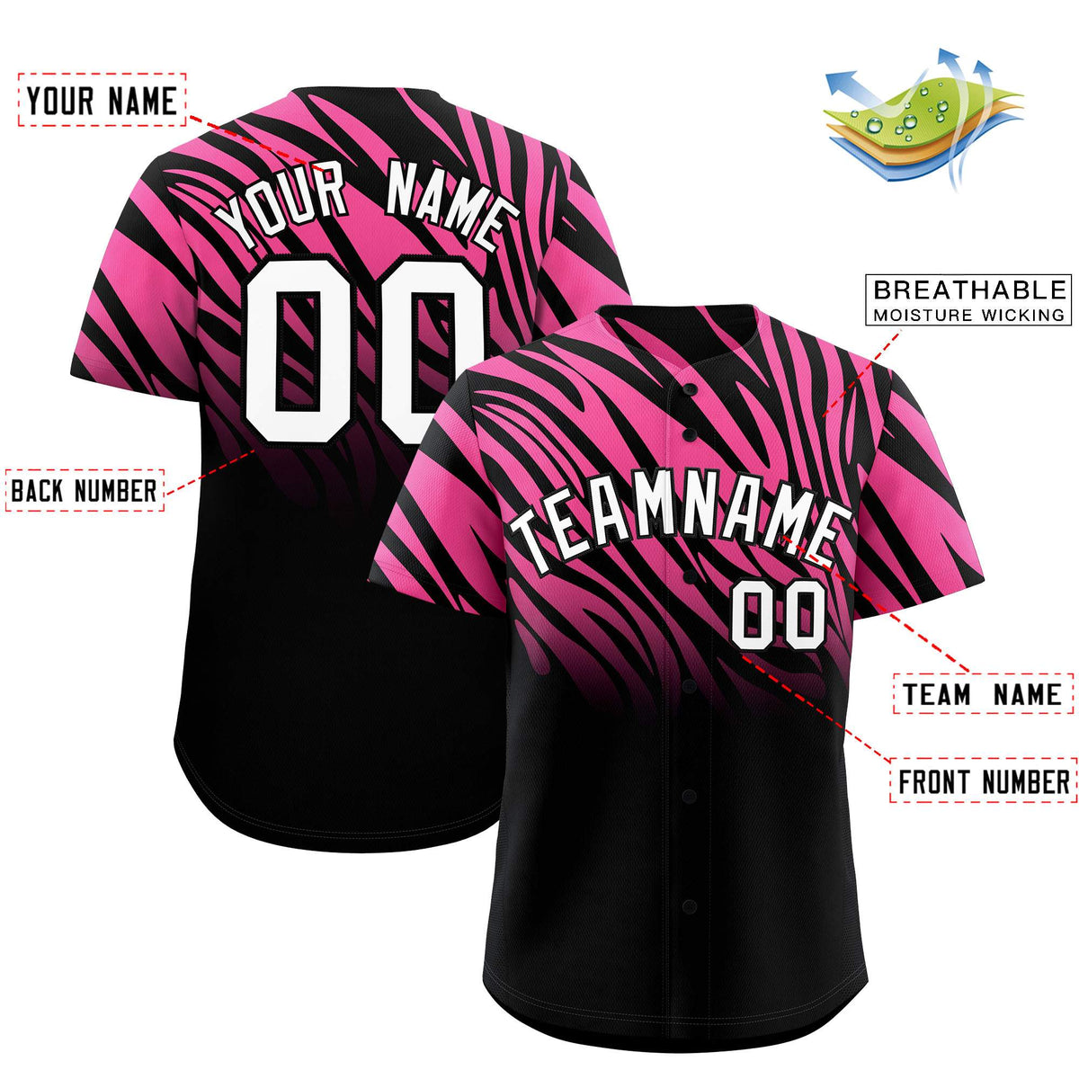 Custom Pink Black Tiger Stripe Gradient Animal Print Personalized Team Shirt Baseball Jersey