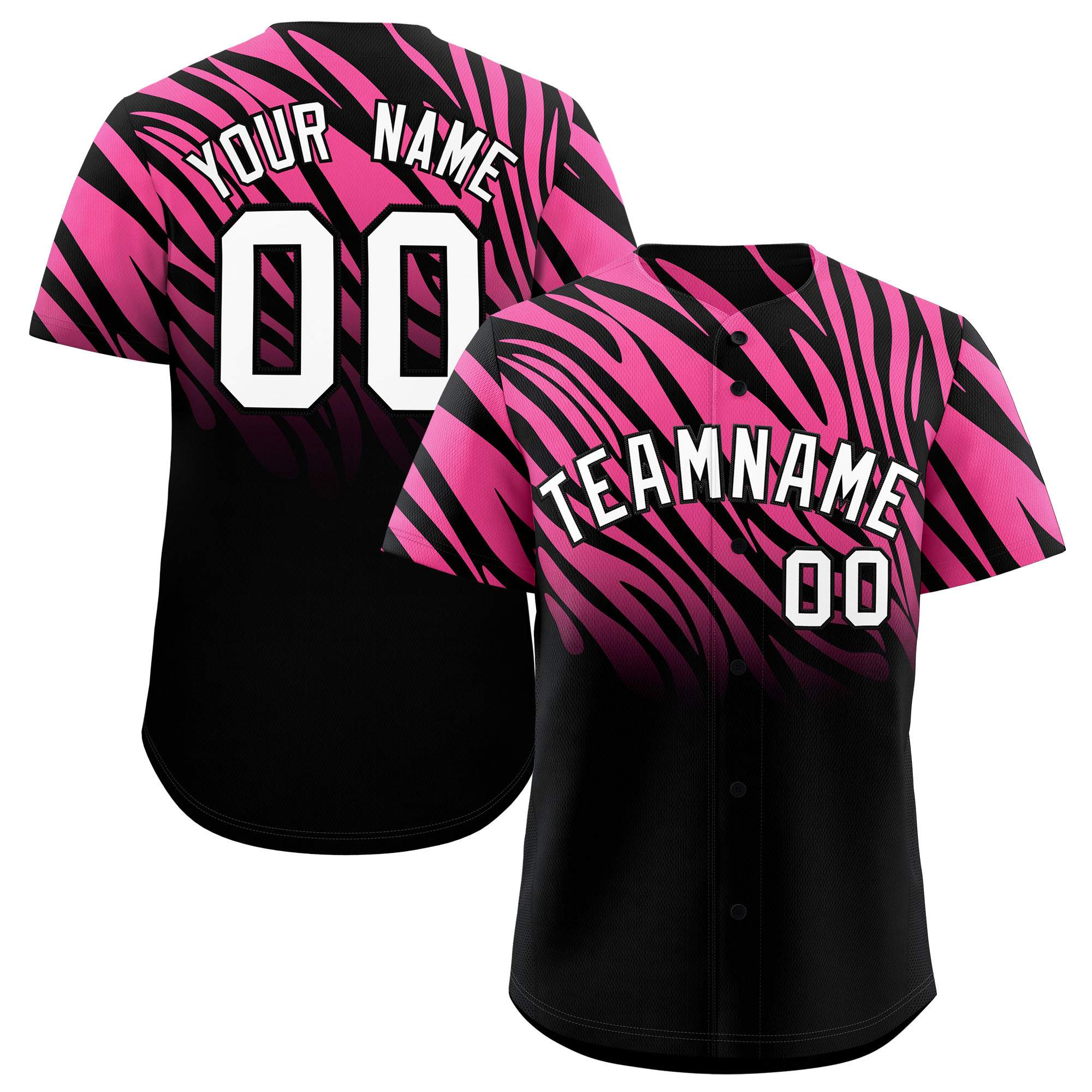 Custom Pink Black Tiger Stripe Gradient Animal Print Personalized Team Shirt Baseball Jersey