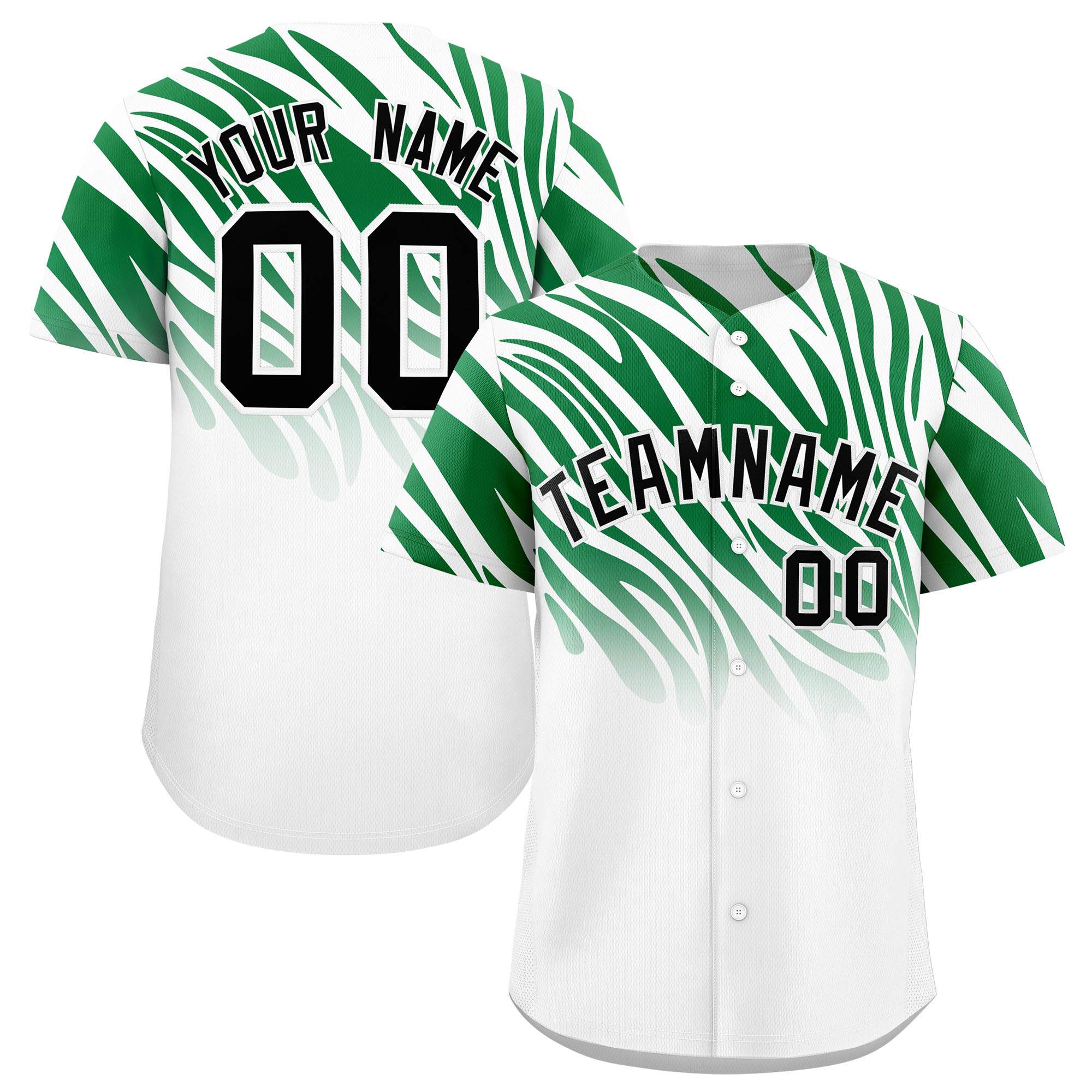 Custom Kelly Green White Tiger Stripe Gradient Animal Print Personalized Team Shirt Baseball Jersey
