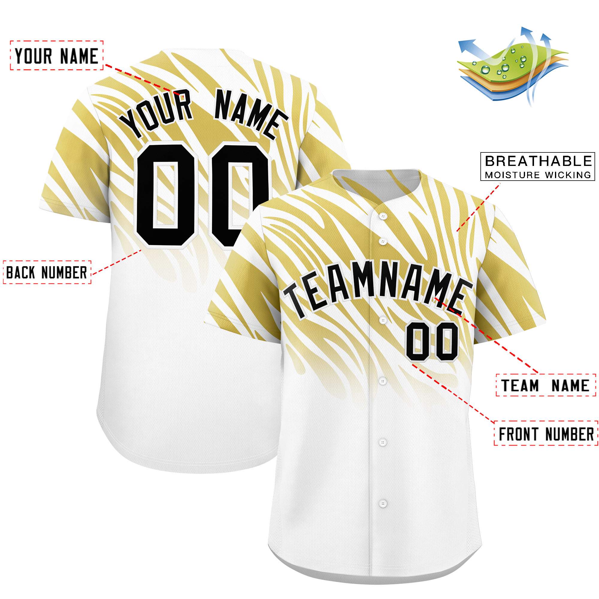 Custom Old Gold White Tiger Stripe Gradient Animal Print Personalized Team Shirt Baseball Jersey