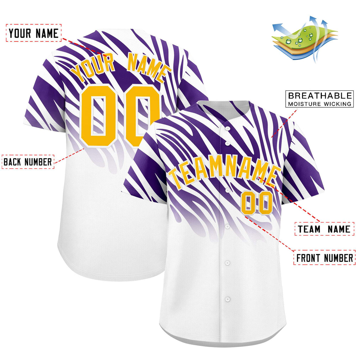 Custom Purple White Tiger Stripe Gradient Animal Print Personalized Team Shirt Baseball Jersey