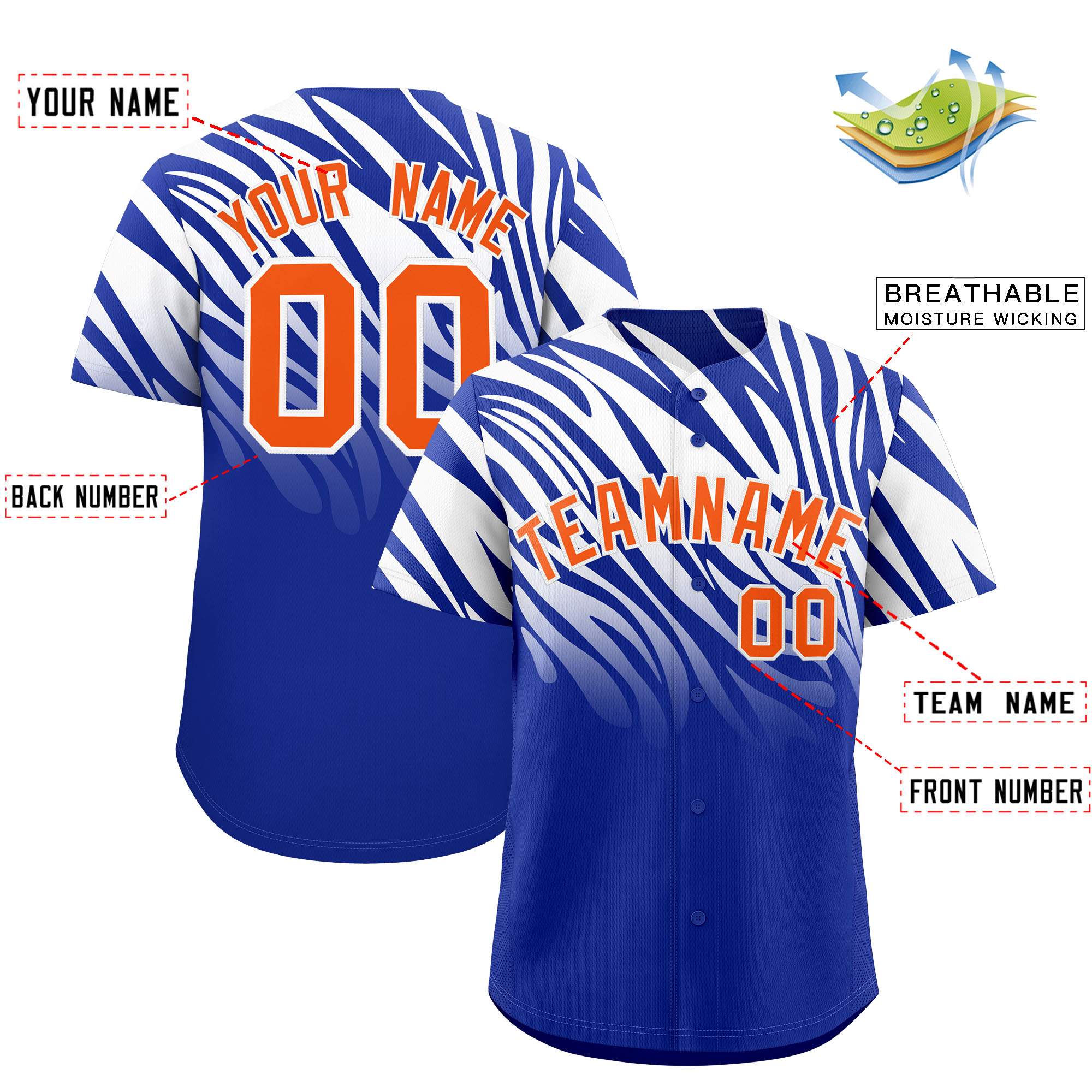 Custom Royal White Tiger Stripe Gradient Animal Print Personalized Team Shirt Baseball Jersey