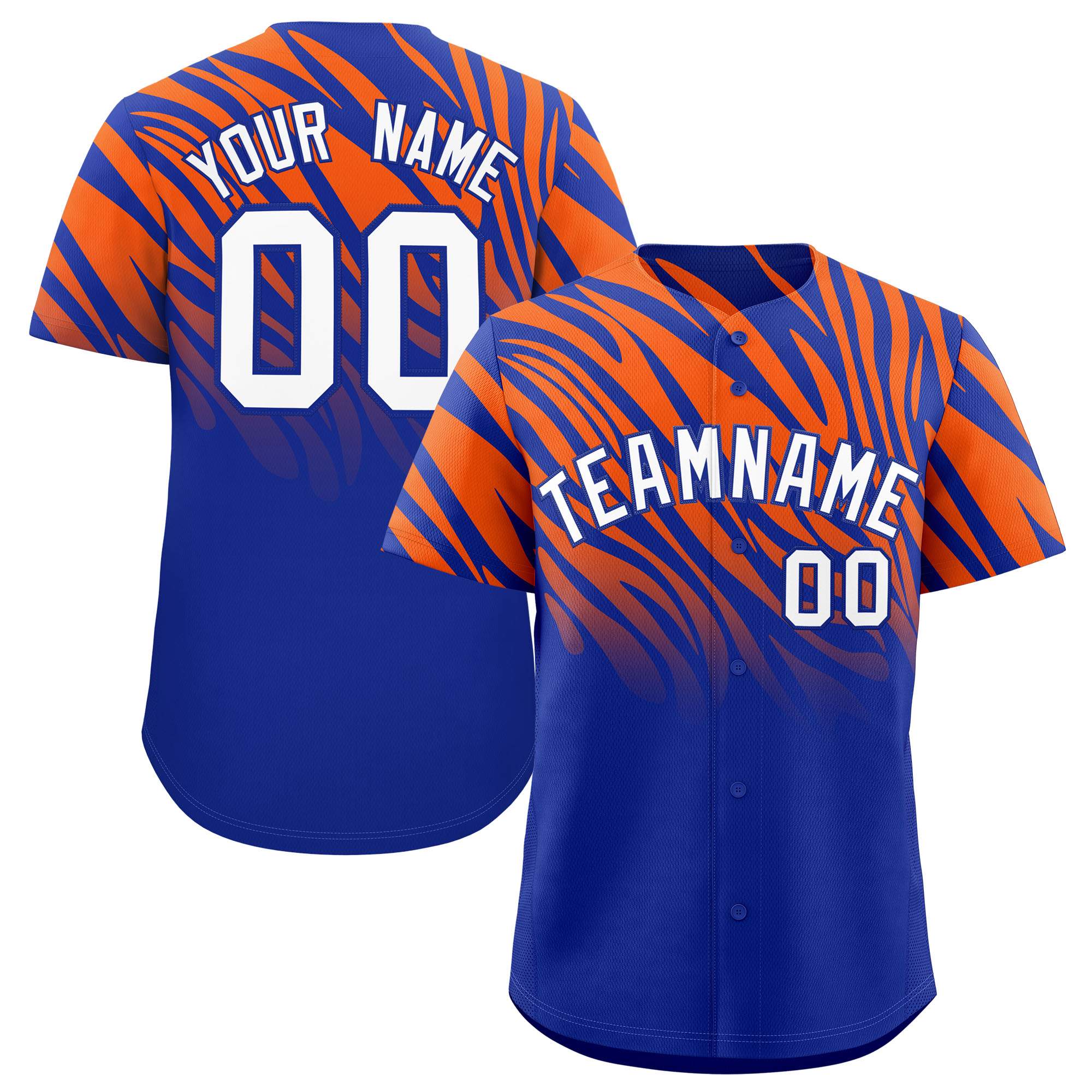 Custom Royal Orange Tiger Stripe Gradient Animal Print Personalized Team Shirt Baseball Jersey