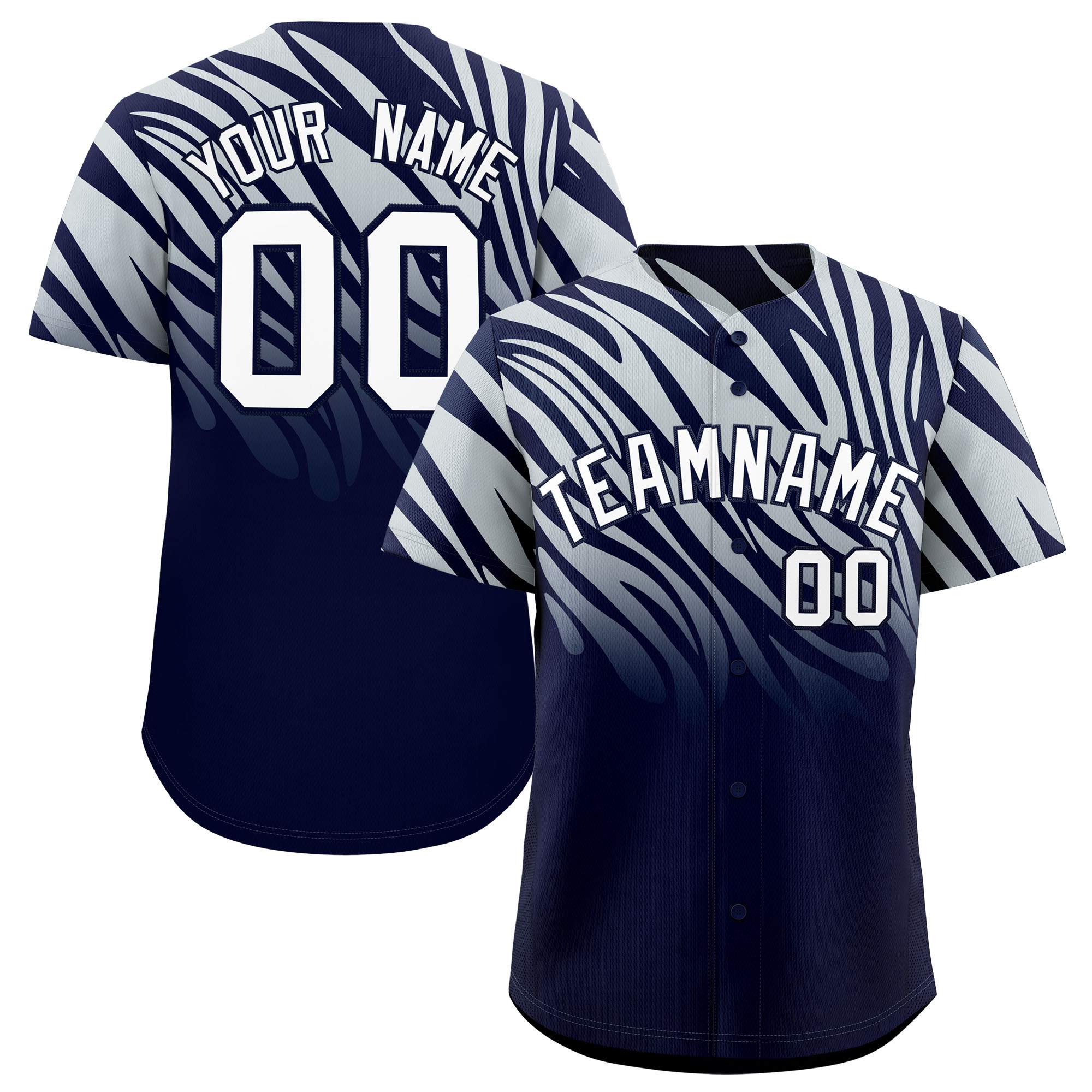 Custom Navy Silver Tiger Stripe Gradient Animal Print Personalized Team Shirt Baseball Jersey